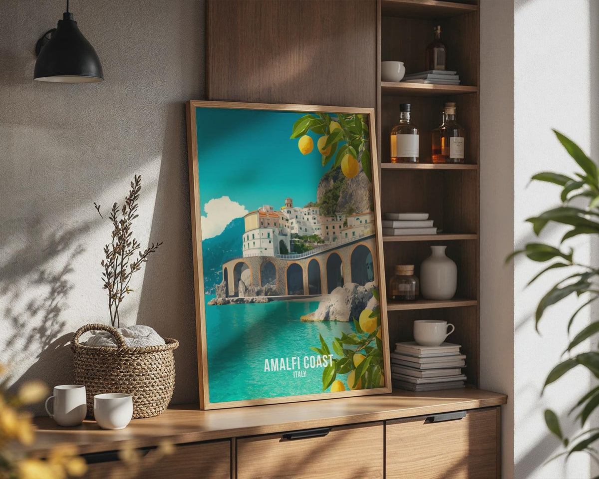 Amalfi Coast Poster Art Print with Lemons and Coastal Architecture - WanderWall