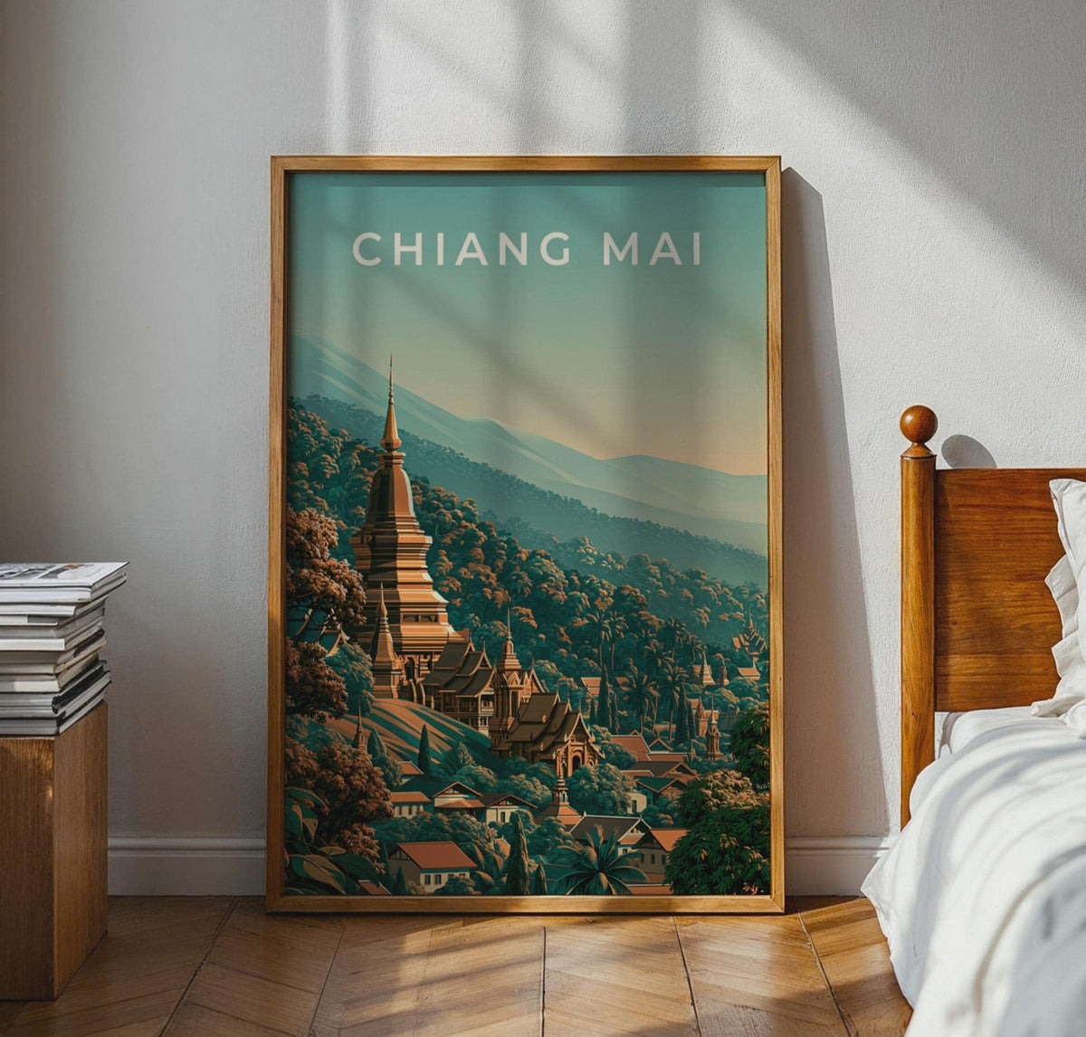 Chiang Mai Print, Thailand Temple Poster, Vintage Style Wall Art - WanderWall