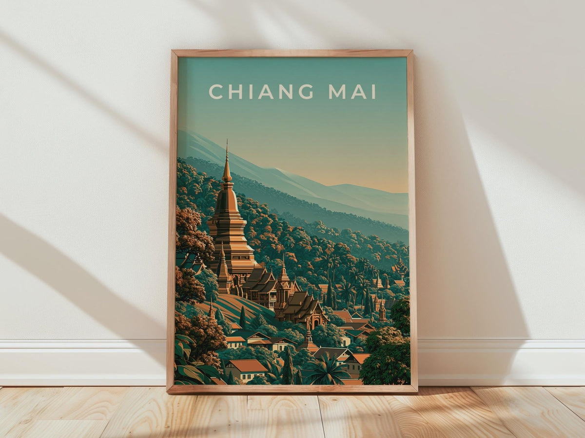 Chiang Mai Print, Thailand Temple Poster, Vintage Style Wall Art - WanderWall