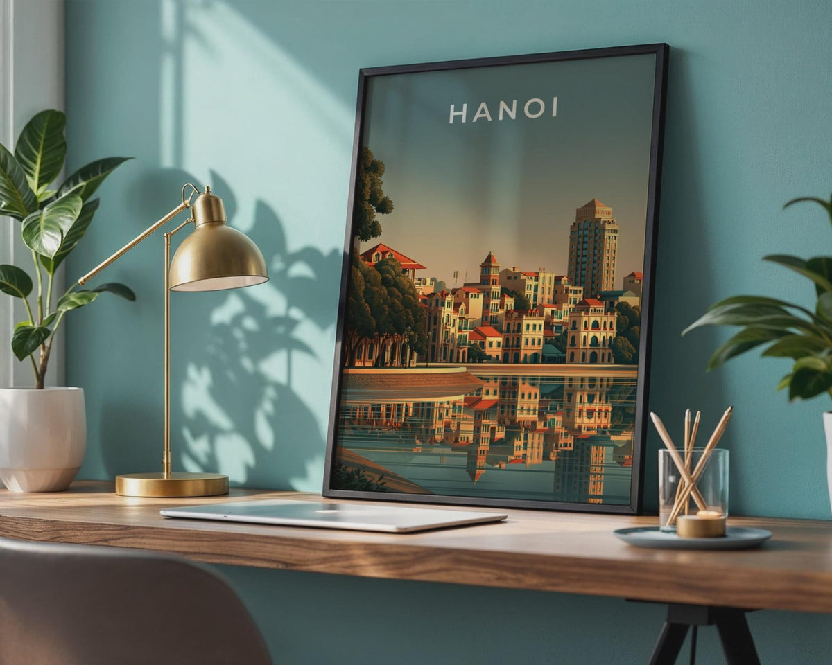 Hanoi Print, Vietnam City Poster, Hoan Kiem Lake, Retro Cityscape Wall Art - WanderWall
