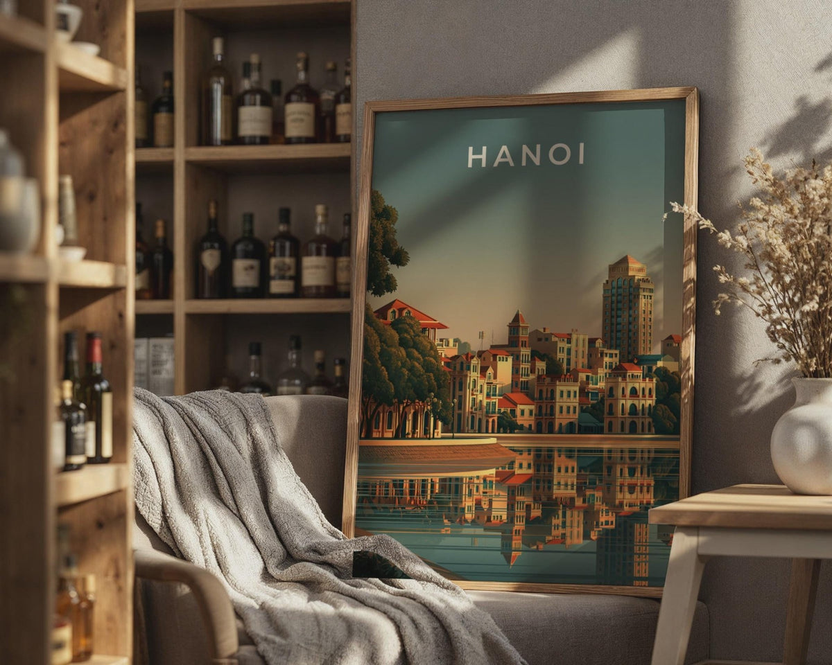 Hanoi Print, Vietnam City Poster, Hoan Kiem Lake, Retro Cityscape Wall Art - WanderWall