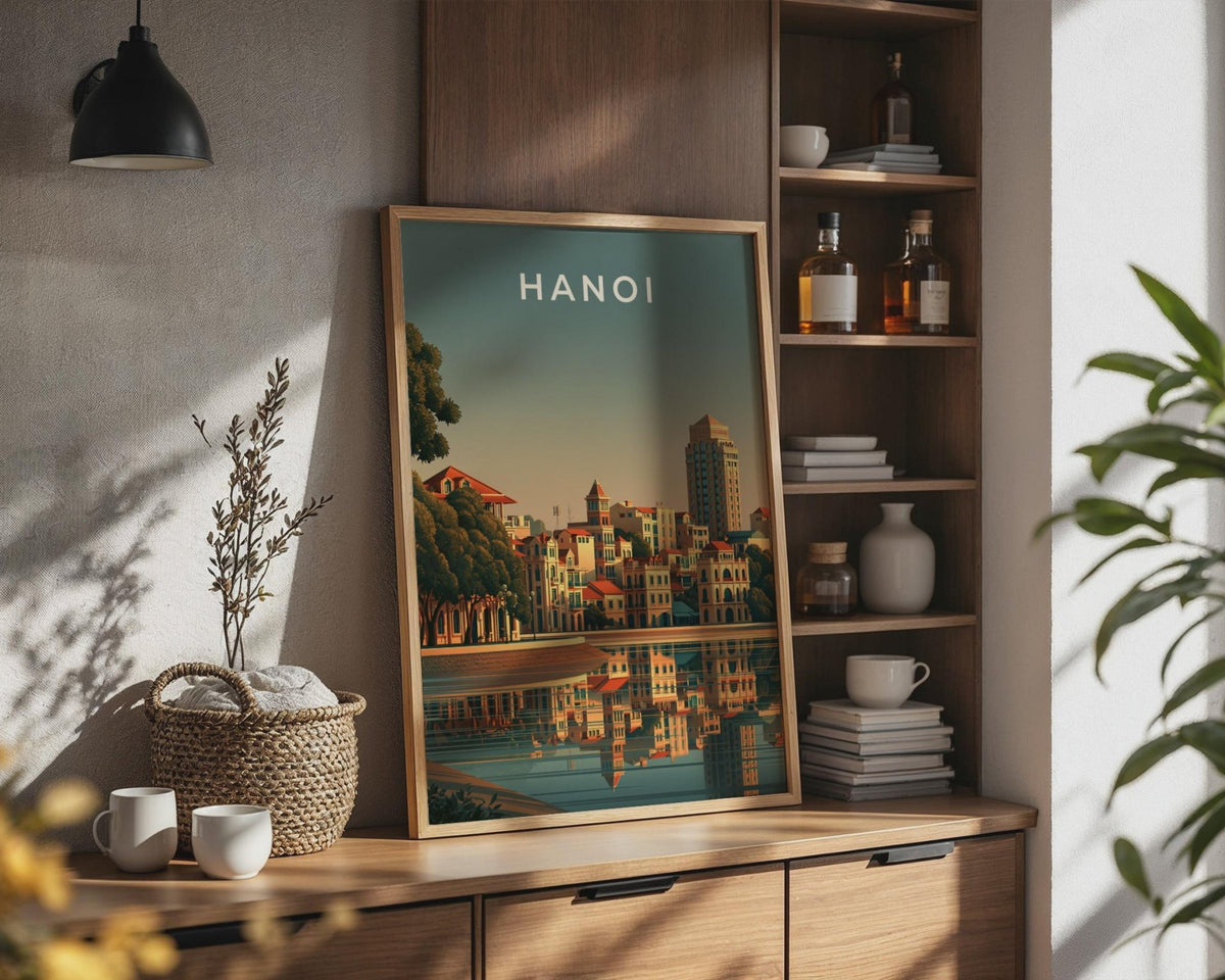 Hanoi Print, Vietnam City Poster, Hoan Kiem Lake, Retro Cityscape Wall Art - WanderWall