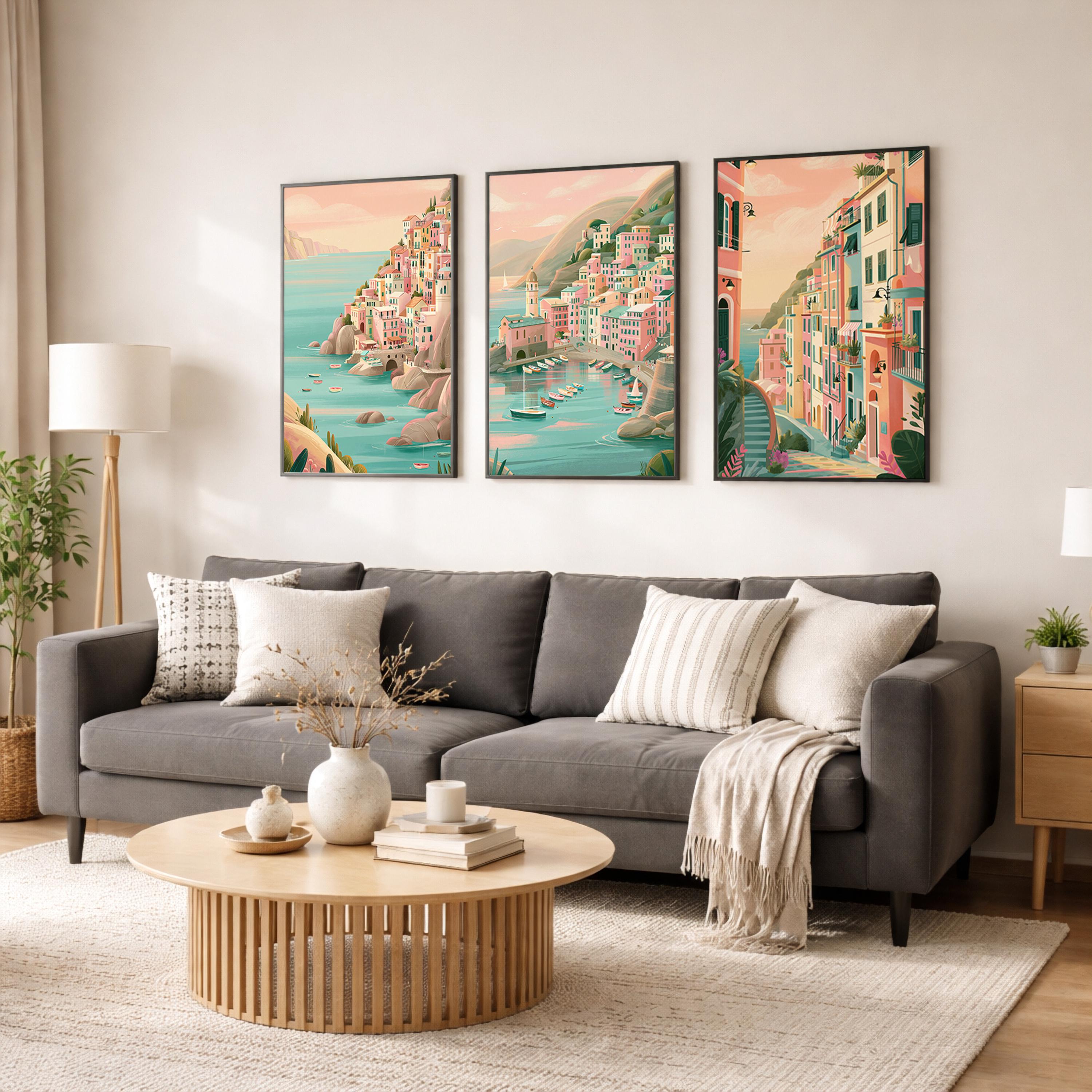 Set of 3 Cinque Terre Italy Posters - Italian Amalfi Coast Wall Art - Travel Wall Art