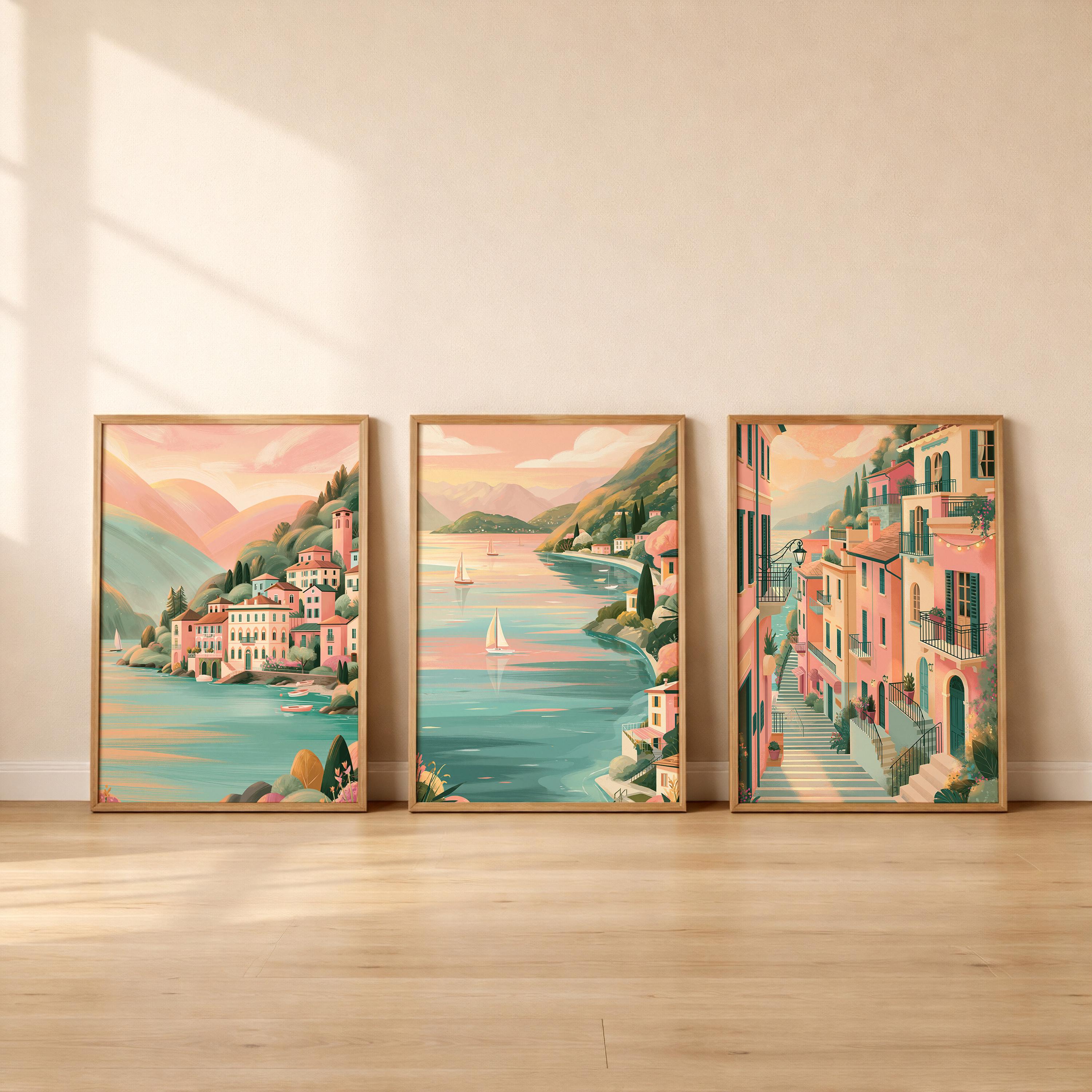 Set of 3 Lake Como Italy Posters - Italian Wall Art Prints - Travel Wall Art