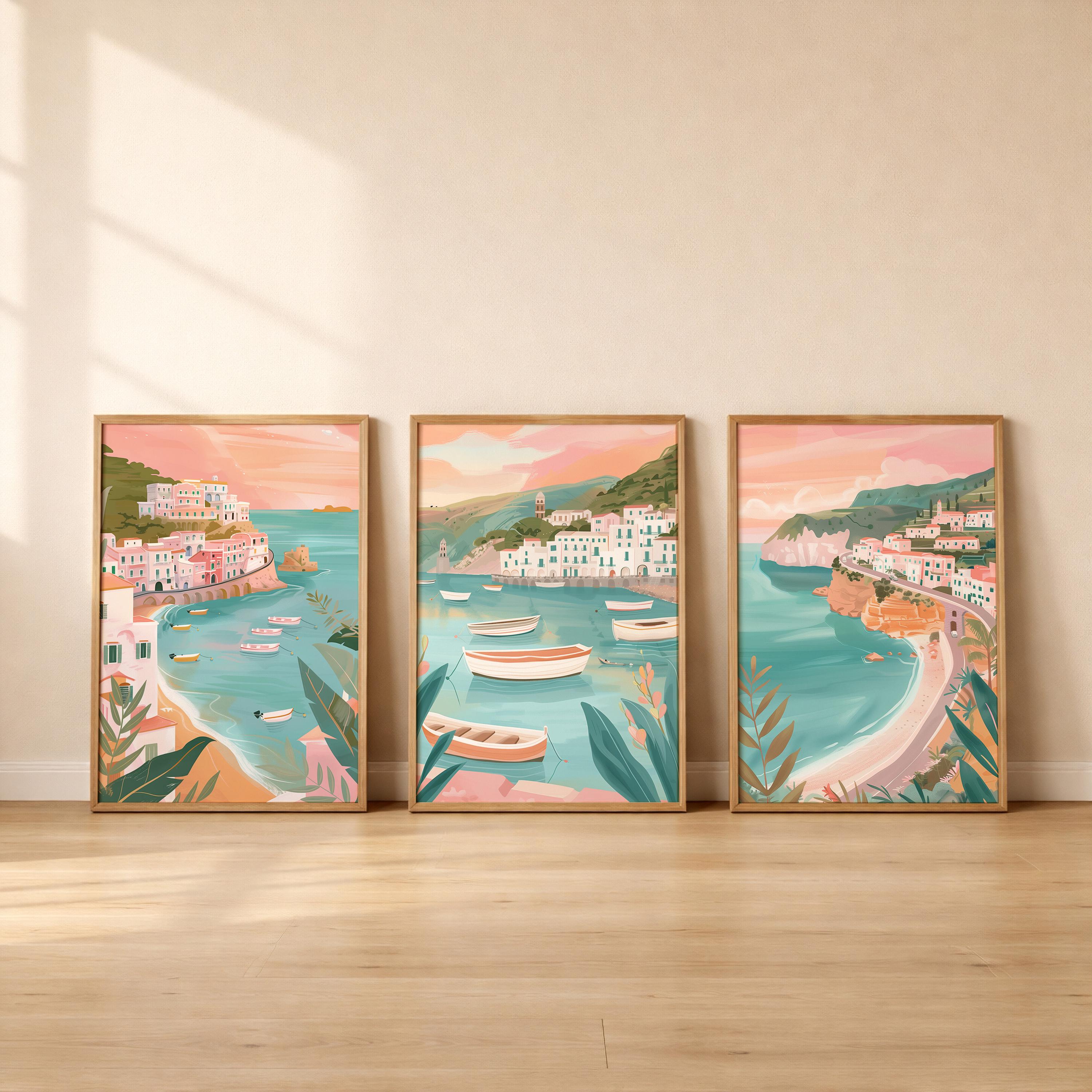 Set of 3 Amalfi Coast Italy Posters - Italian Coastal Wall Art - Travel Wall Art