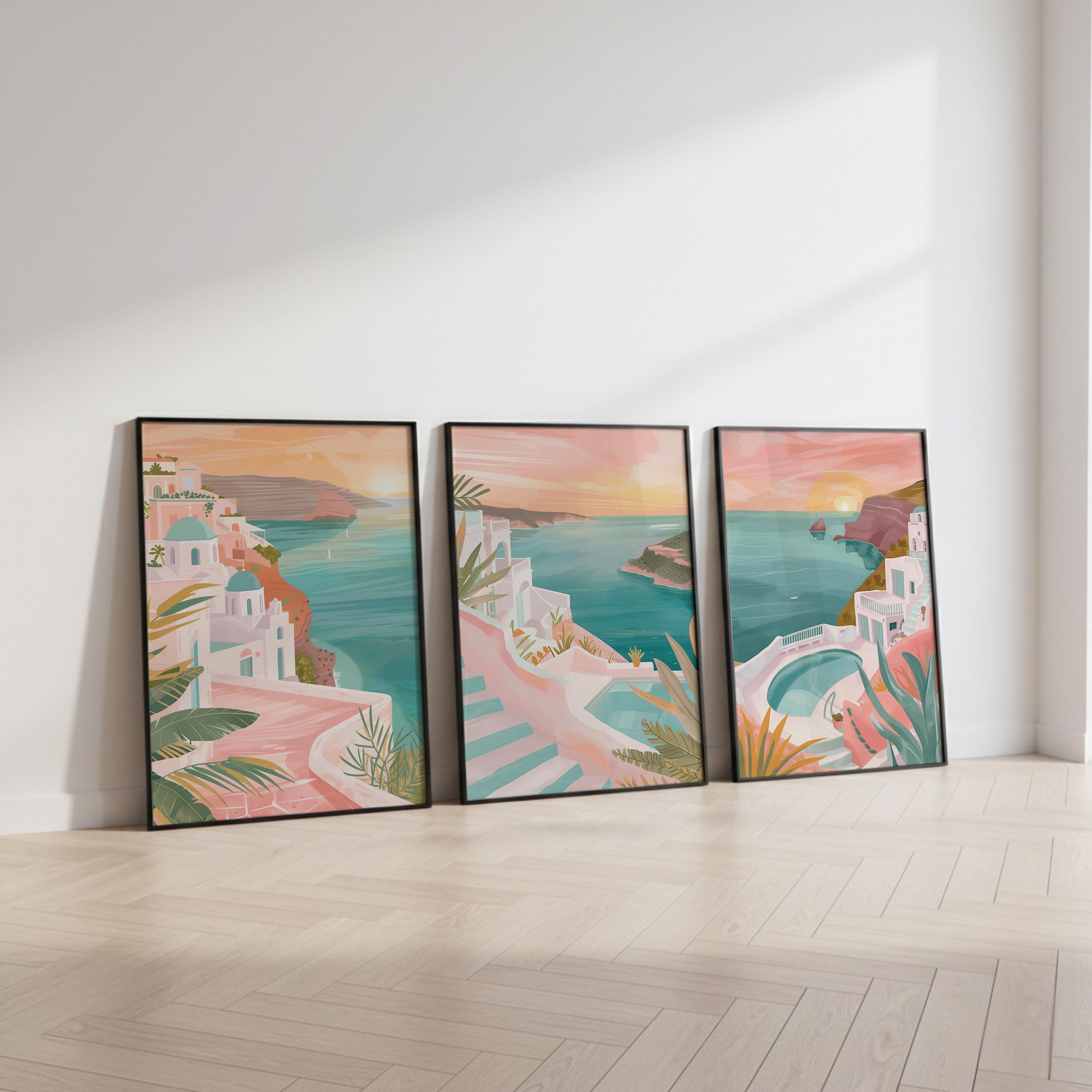 Santorini Set Of 3 Posters - Santorini Coastal Wall Art Prints - Travel Wall Art