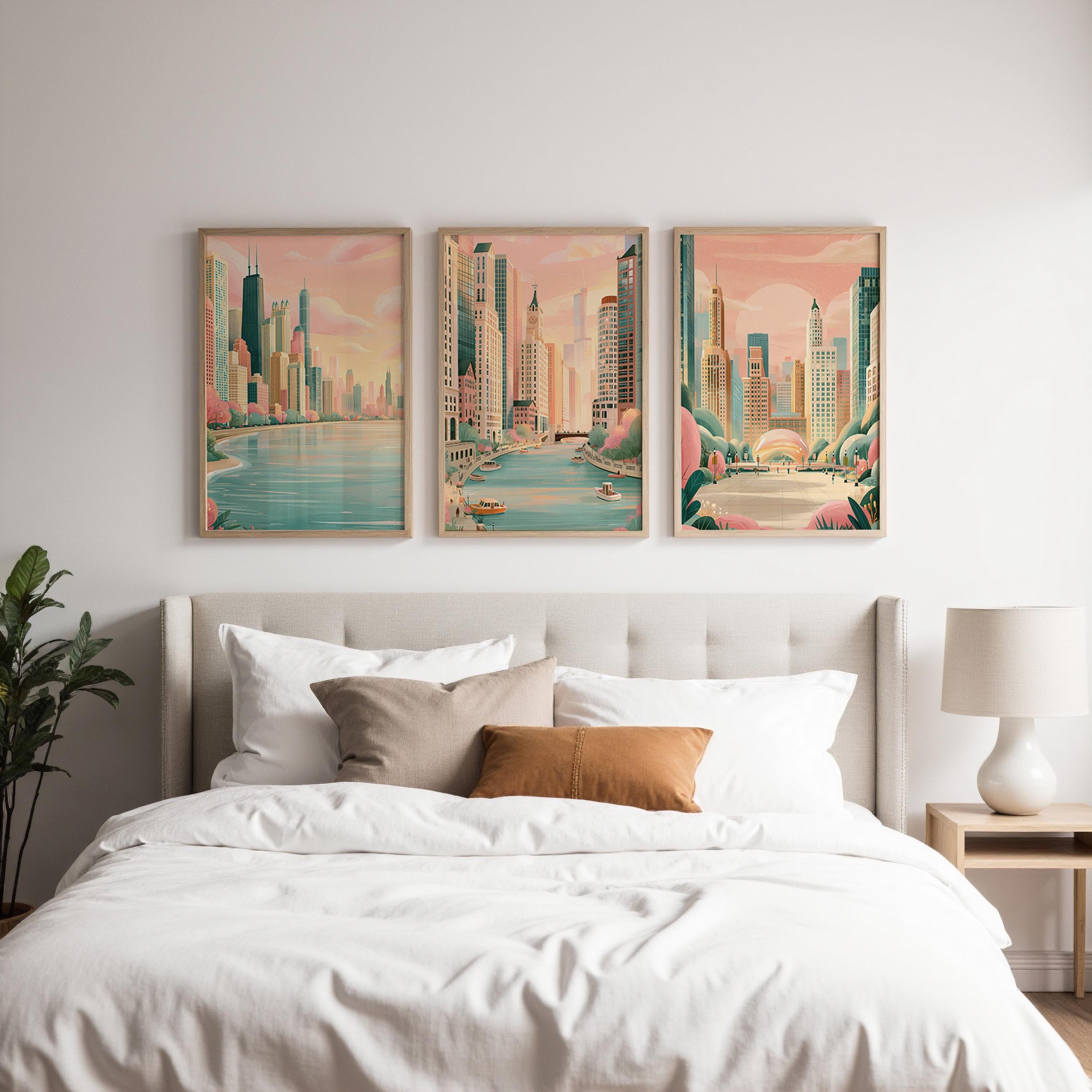 Chicago Set Of 3 Posters - Chicago Cityscape Wall Art Prints - Travel Wall Art