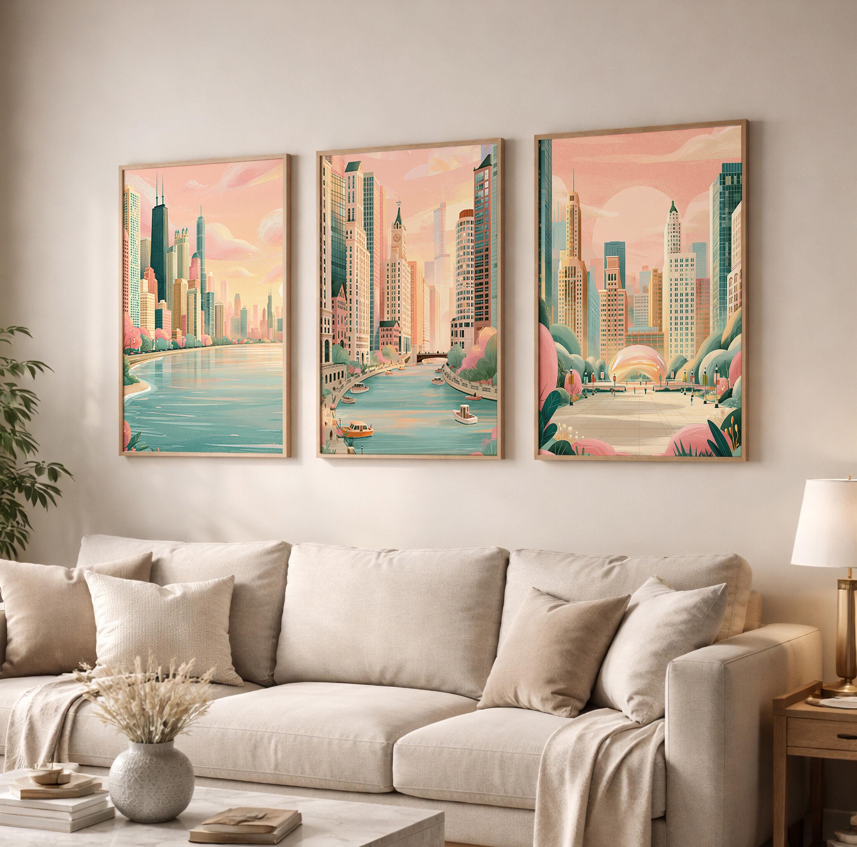 Chicago Set Of 3 Posters - Chicago Cityscape Wall Art Prints - Travel Wall Art