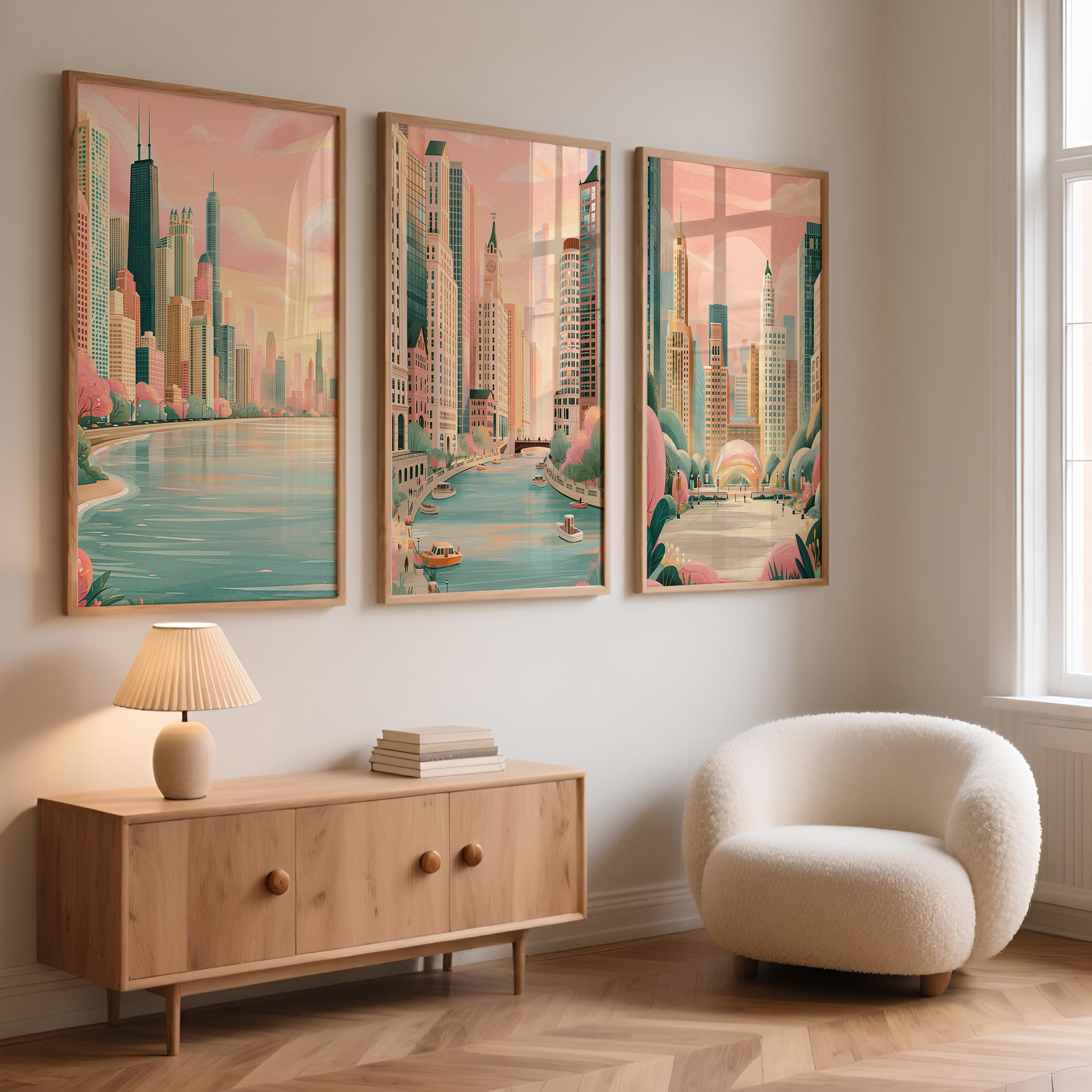 Chicago Set Of 3 Posters - Chicago Cityscape Wall Art Prints - Travel Wall Art