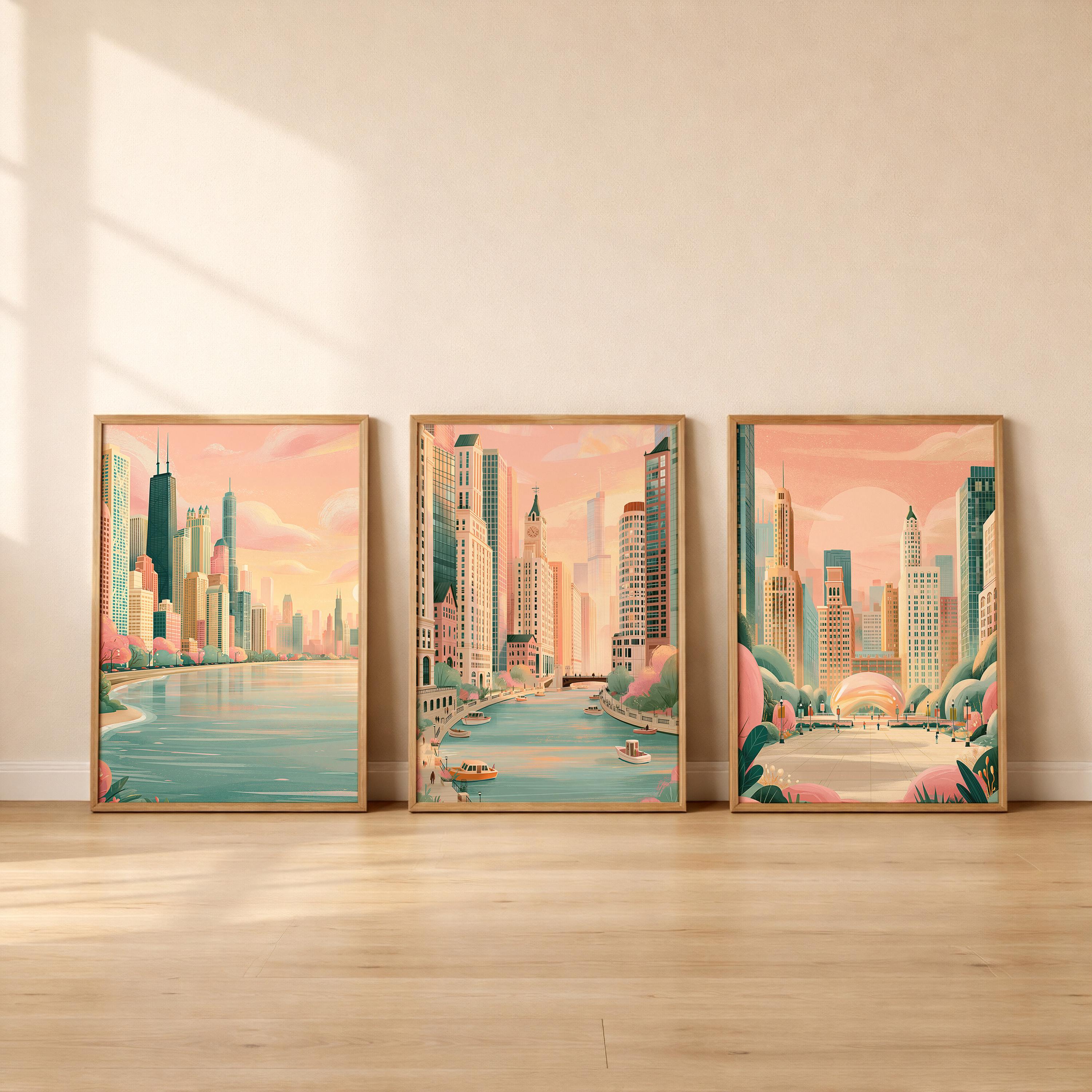 Chicago Set Of 3 Posters - Chicago Cityscape Wall Art Prints - Travel Wall Art