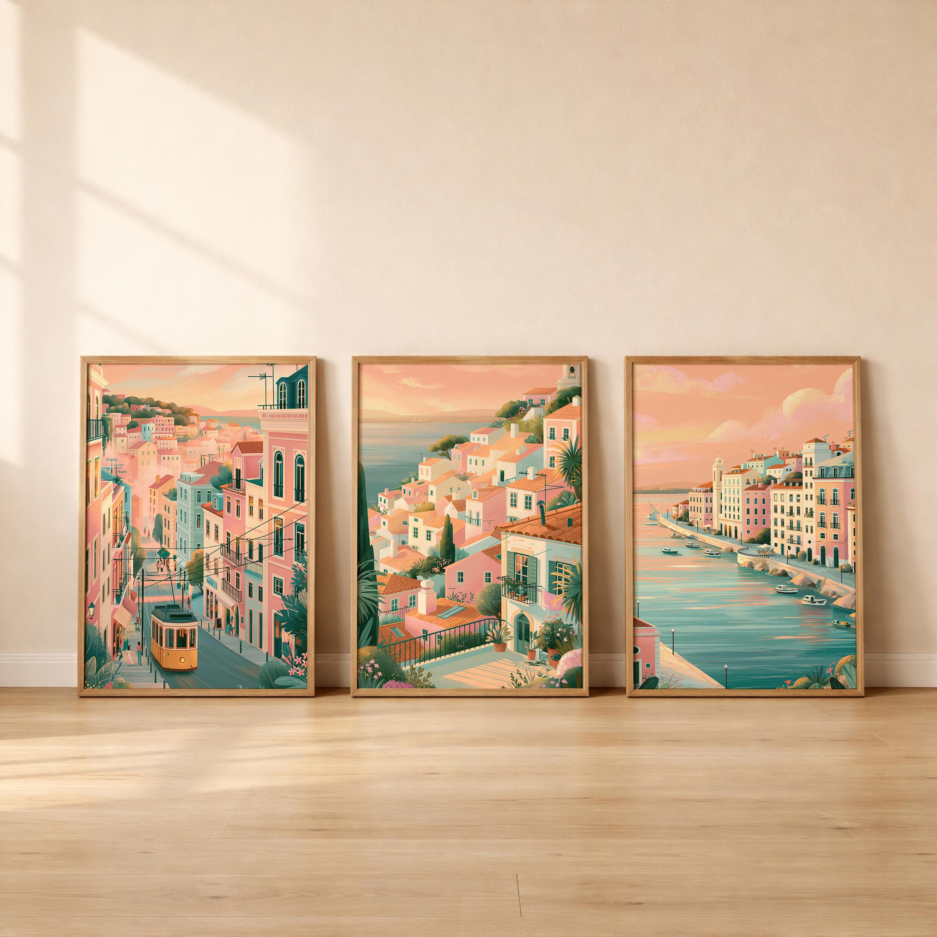 Lisbon Set of 3 Travel Posters - Portugal Cityscape Wall Art Prints - Travel Wall Art