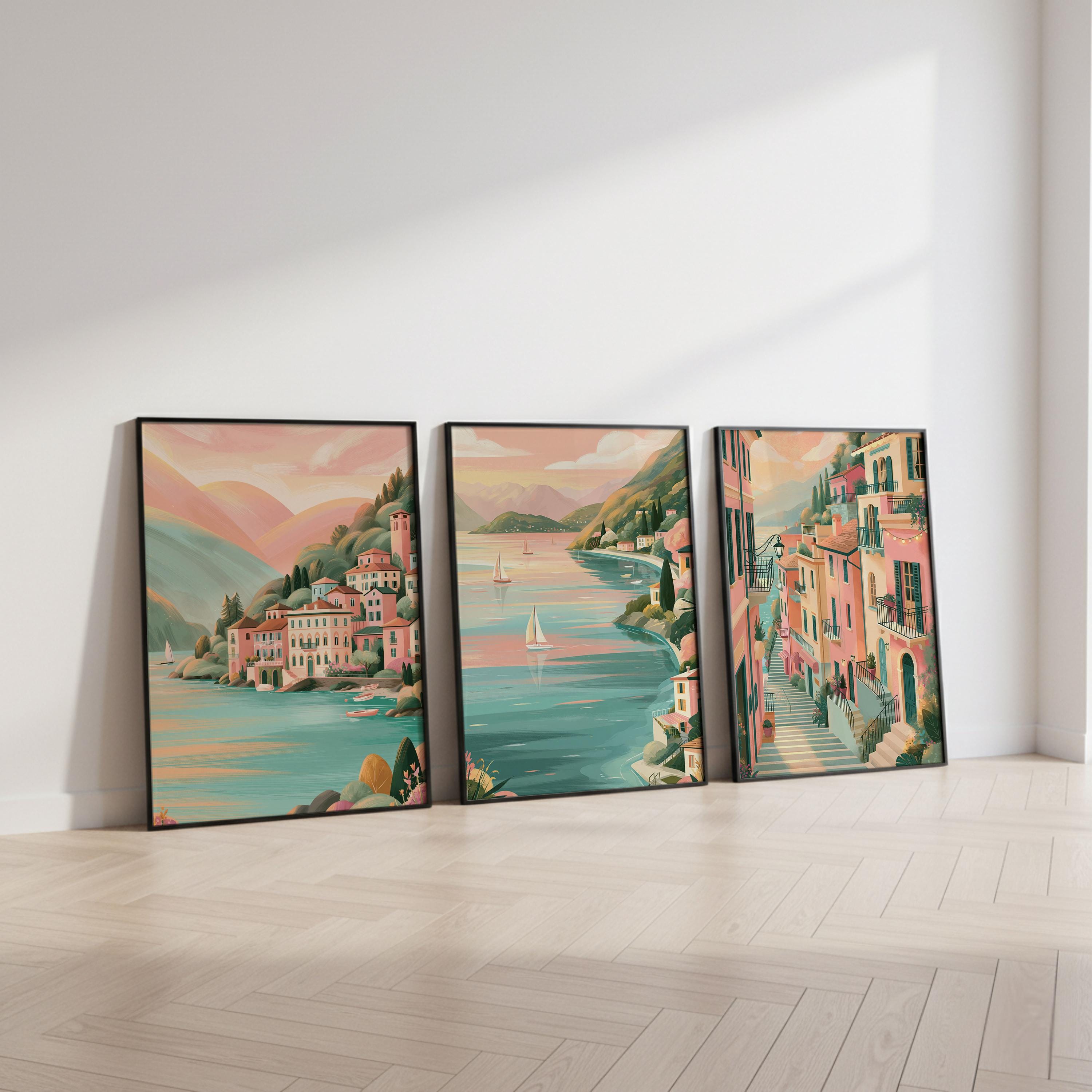 Set of 3 Lake Como Italy Posters - Italian Wall Art Prints - Travel Wall Art