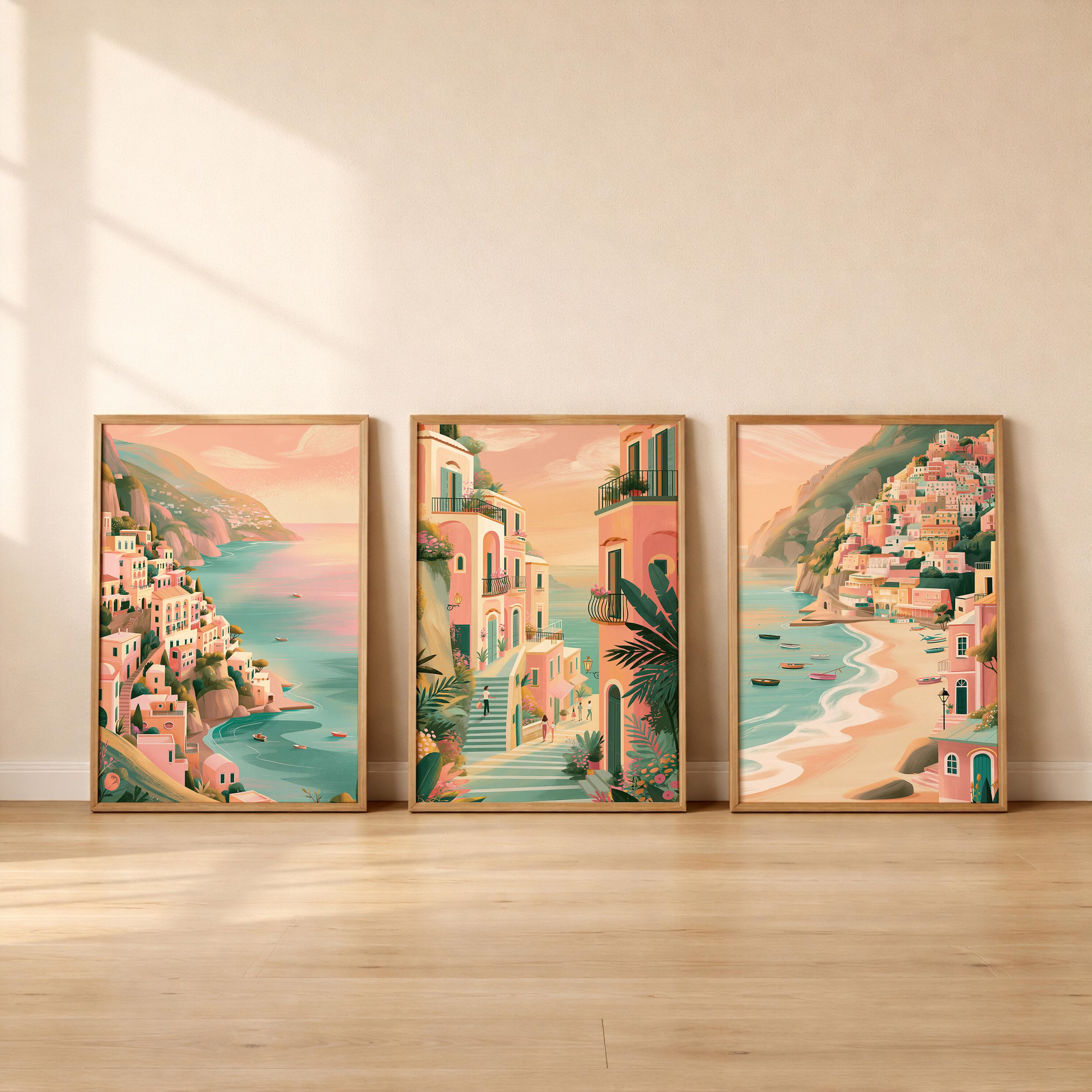 Set of 3 Positano Italy Posters - Italian Amalfi Coast Wall Art - Travel Wall Art