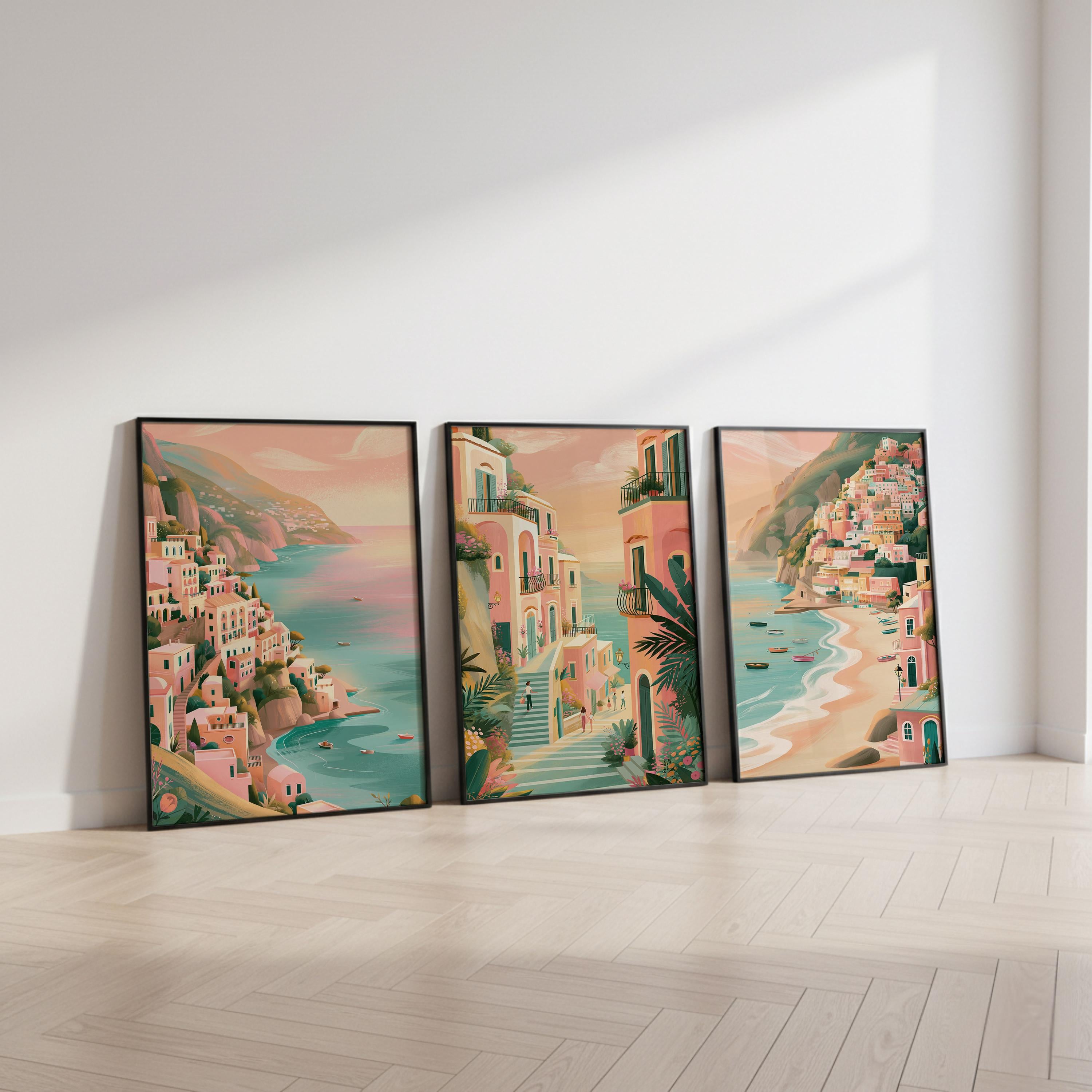 Set of 3 Positano Italy Posters - Italian Amalfi Coast Wall Art - Travel Wall Art