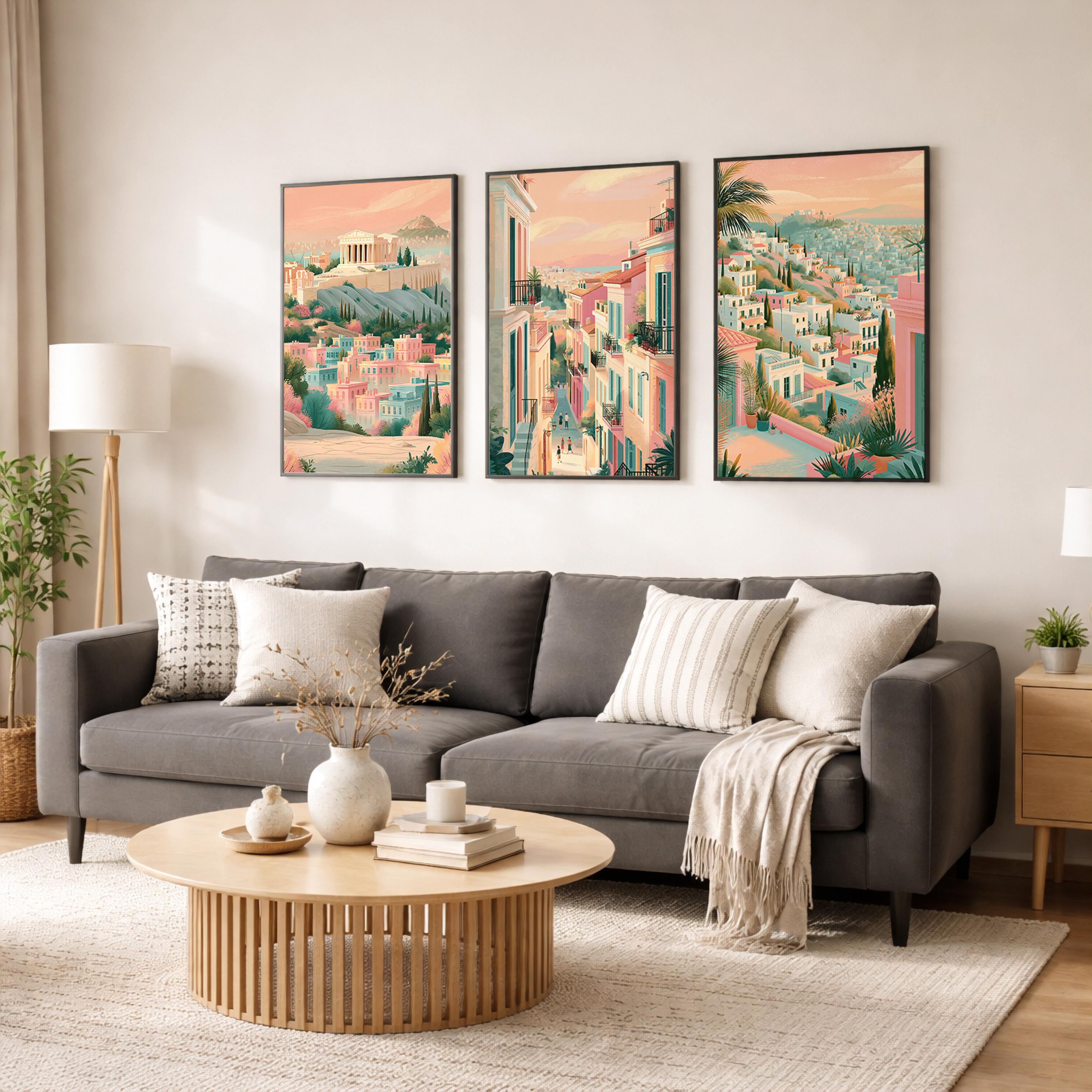 Athens Set of 3 Travel Posters - Greek Cityscape Wall Art Prints - Travel Wall Art