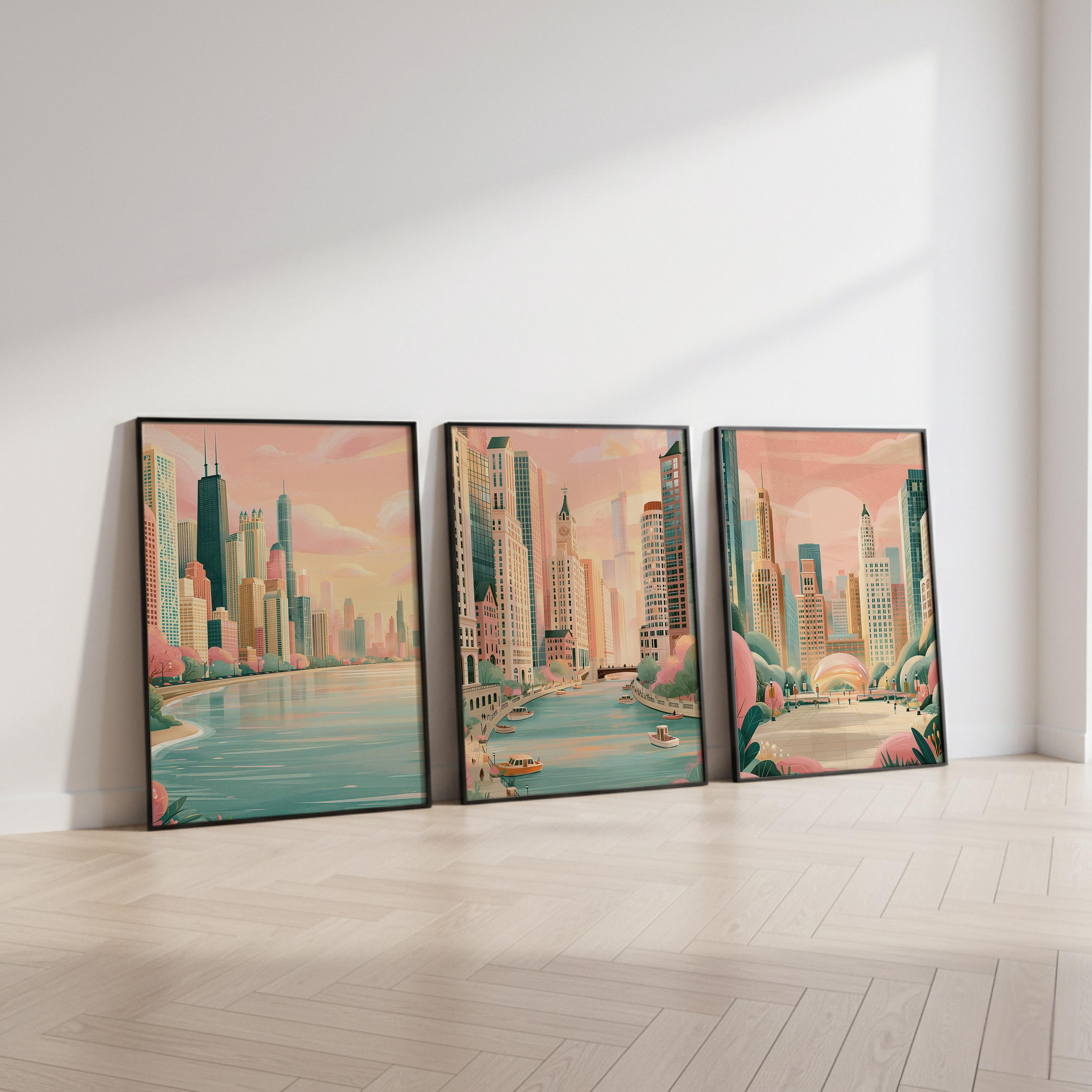 Chicago Set Of 3 Posters - Chicago Cityscape Wall Art Prints - Travel Wall Art