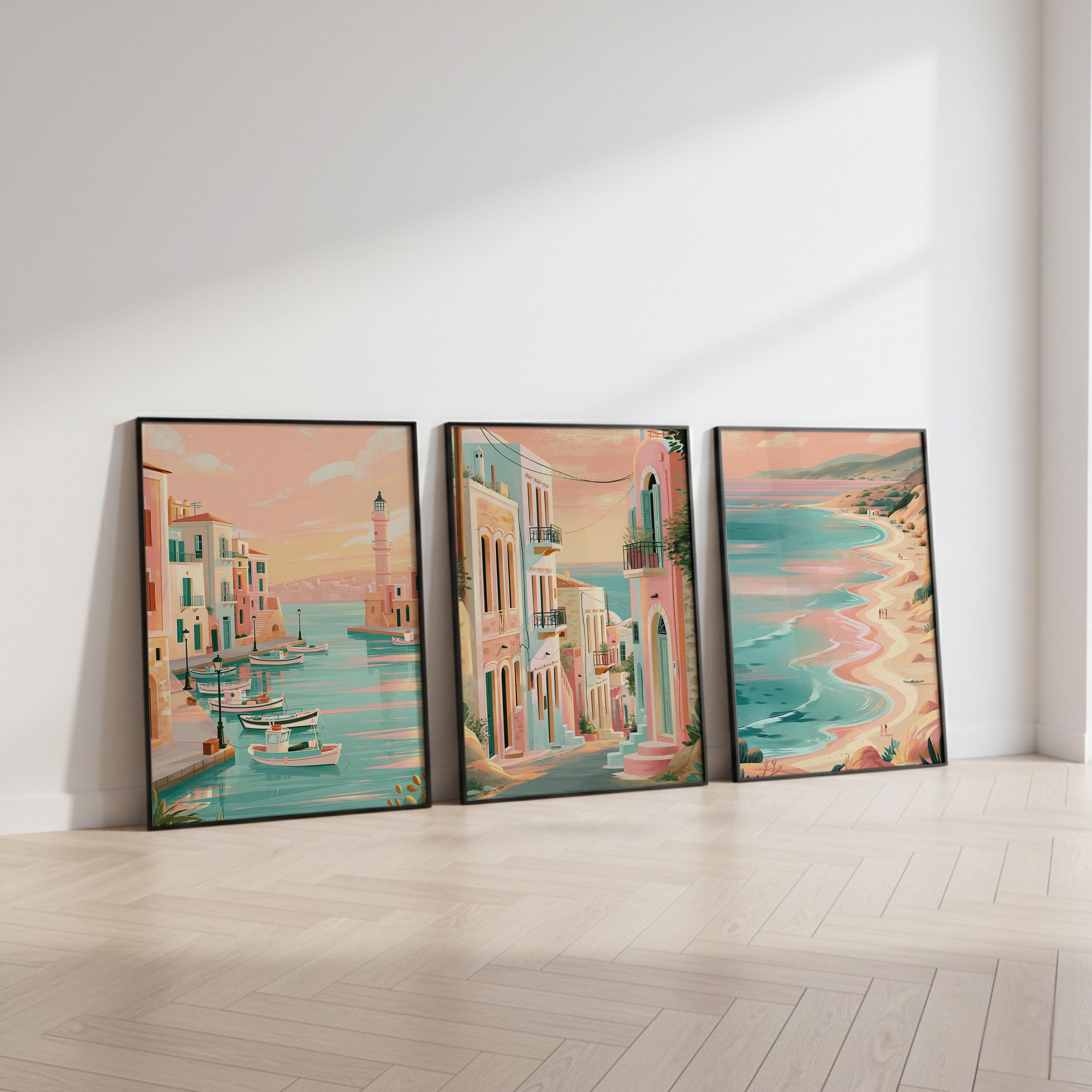 Crete Set of 3 Travel Posters - Greek Island Coastal Wall Art Prints - Travel Wall Art