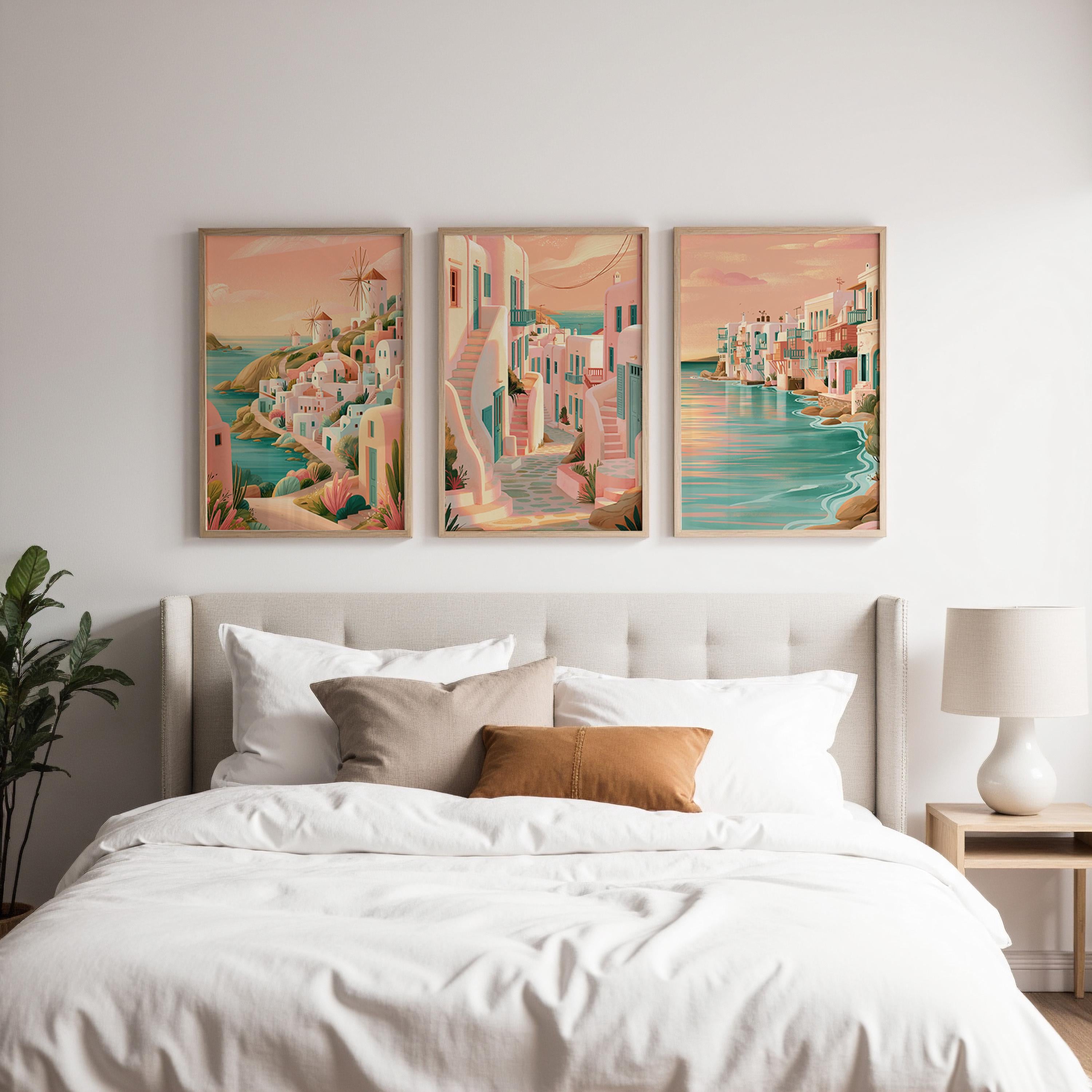 Mykonos Set of 3 Travel Posters - Greek Island Coastal Wall Art Prints - Travel Wall Art