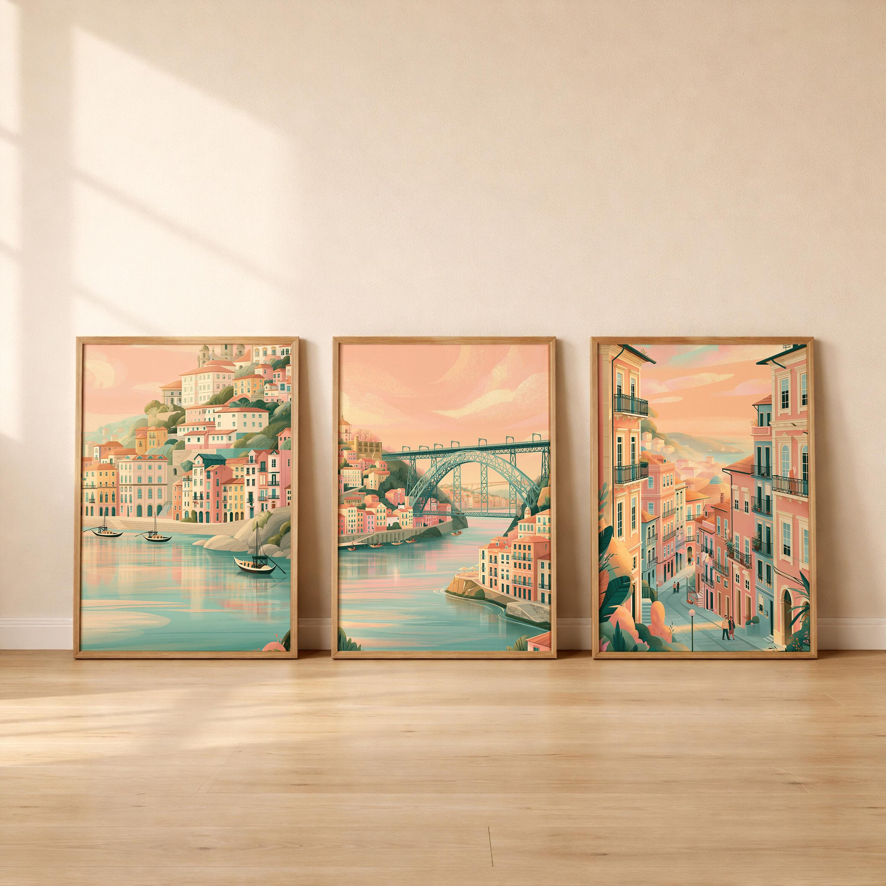 Porto Set of 3 Travel Posters - Portugal Cityscape Wall Art Prints - Travel Wall Art