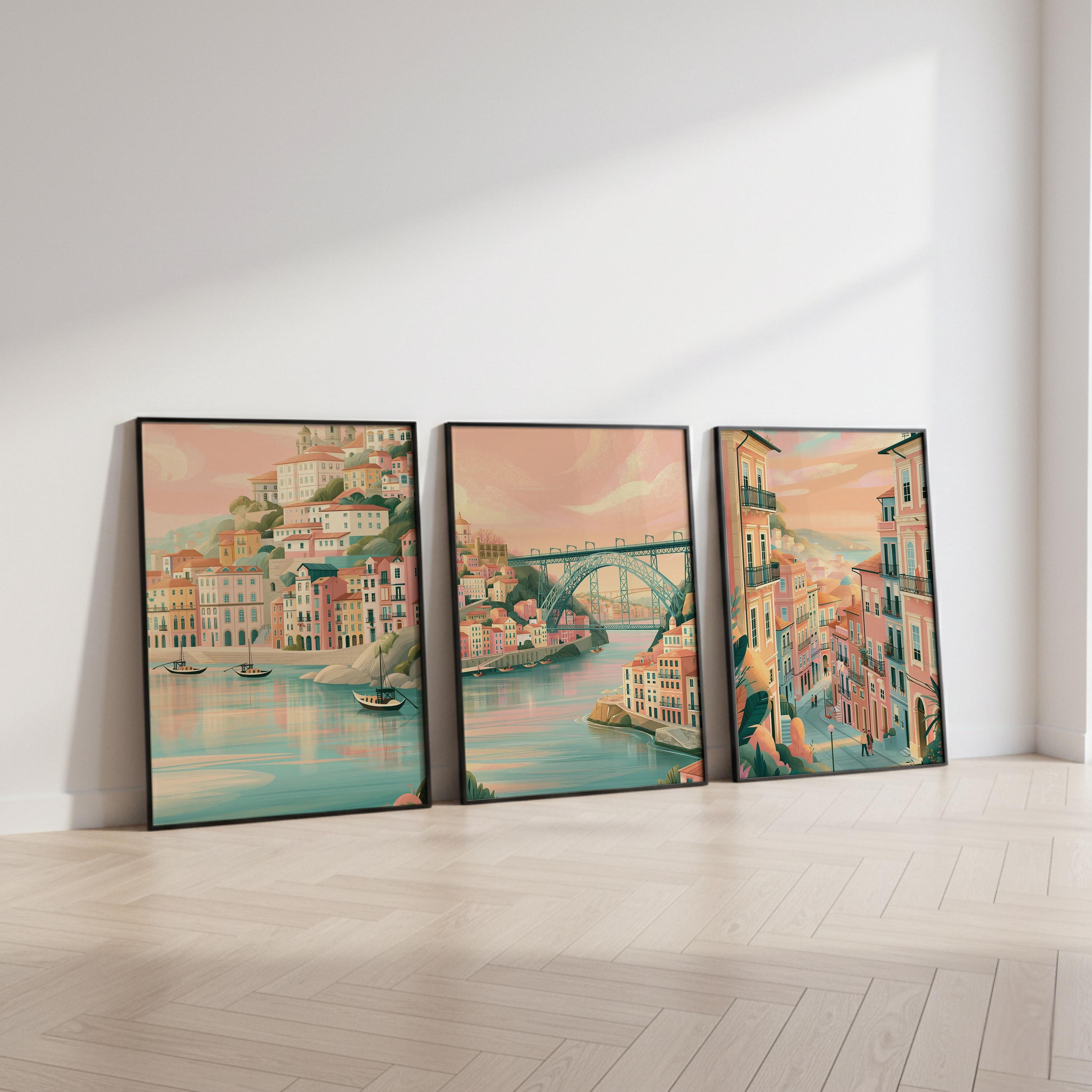 Porto Set of 3 Travel Posters - Portugal Cityscape Wall Art Prints - Travel Wall Art