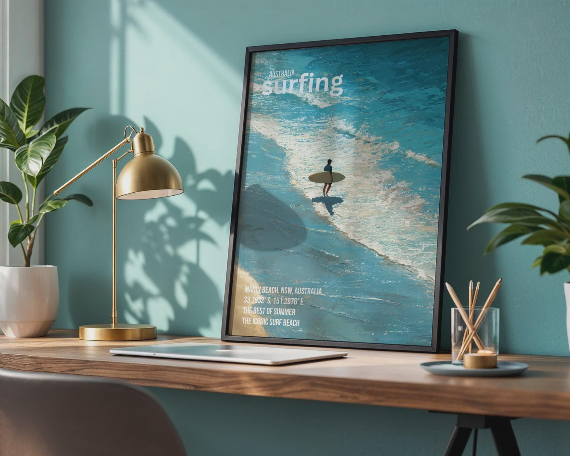 Surfing Poster Manly Beach Australia Art Print Wall Art - Travel Wall Art