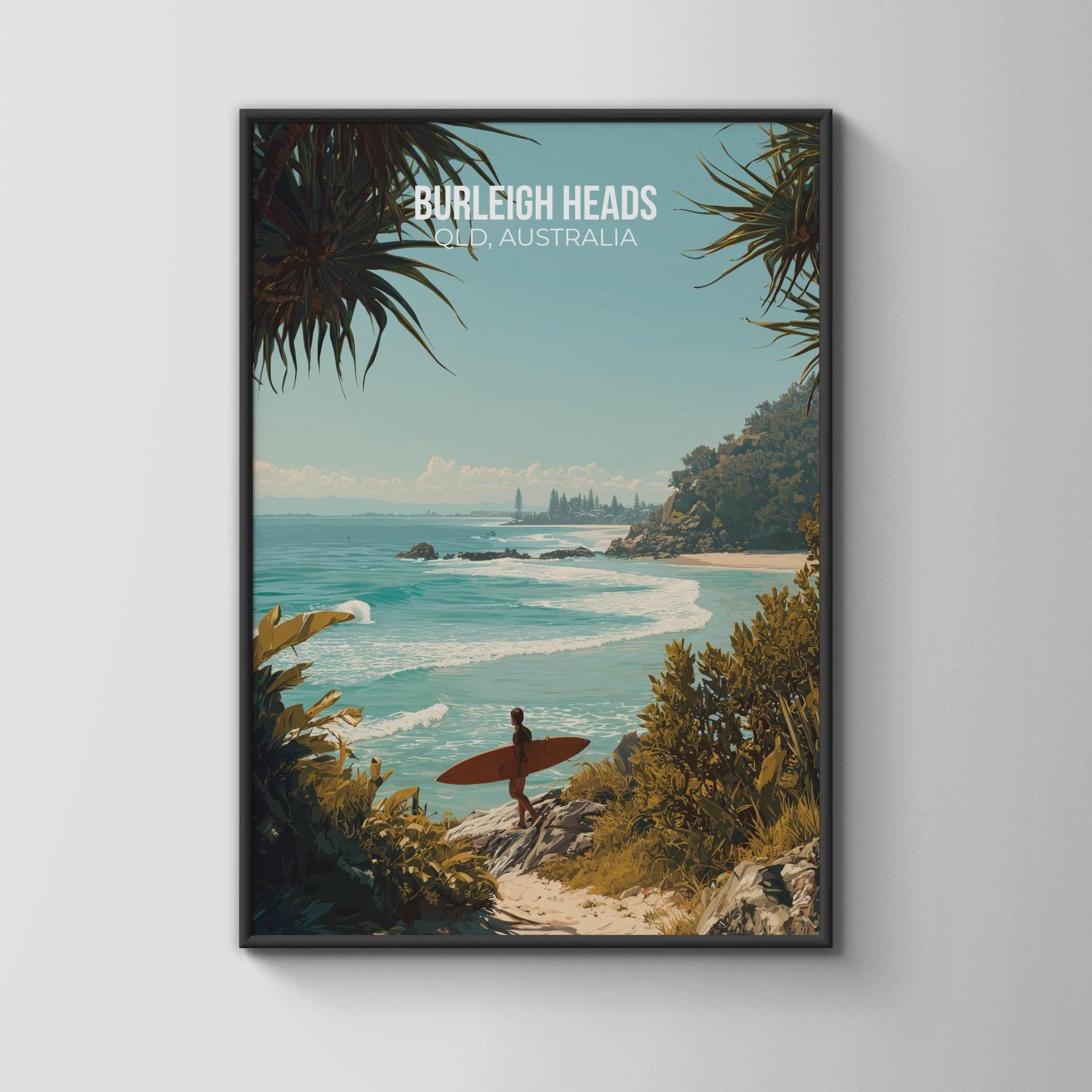 Burleigh Heads Beach Poster Surfing Art Print Queensland Australia - Travel Wall Art