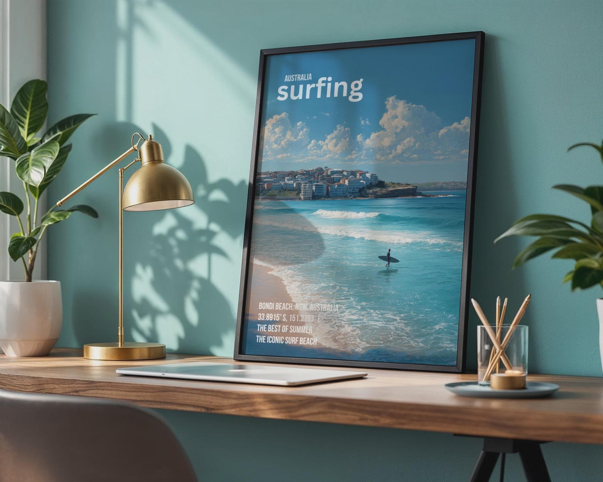 Bondi Beach Surfing Poster Art Print Australia Coastal Wall Art - Travel Wall Art