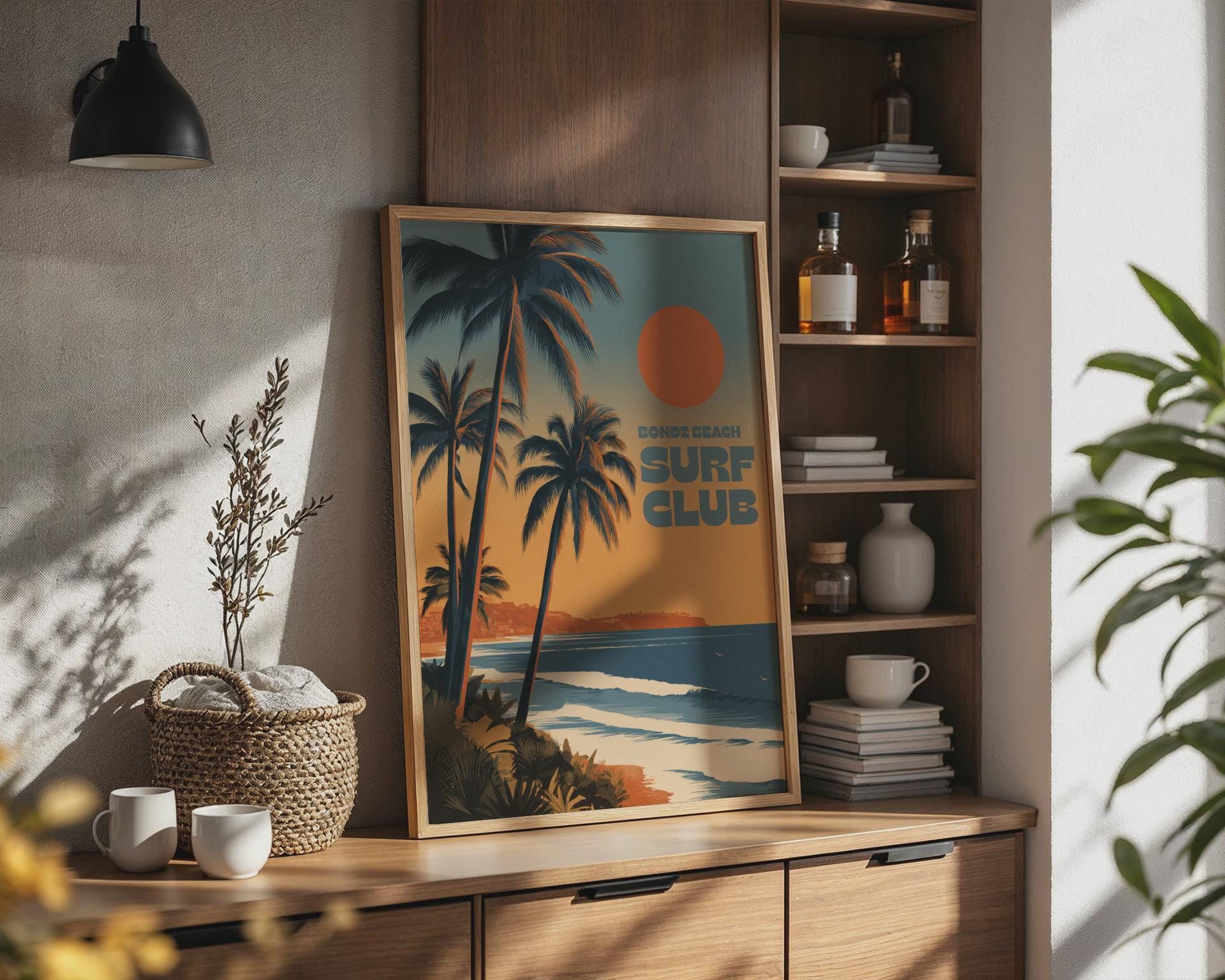 Bondi Beach Surf Club Poster with Palms and Sunset - Travel Wall Art