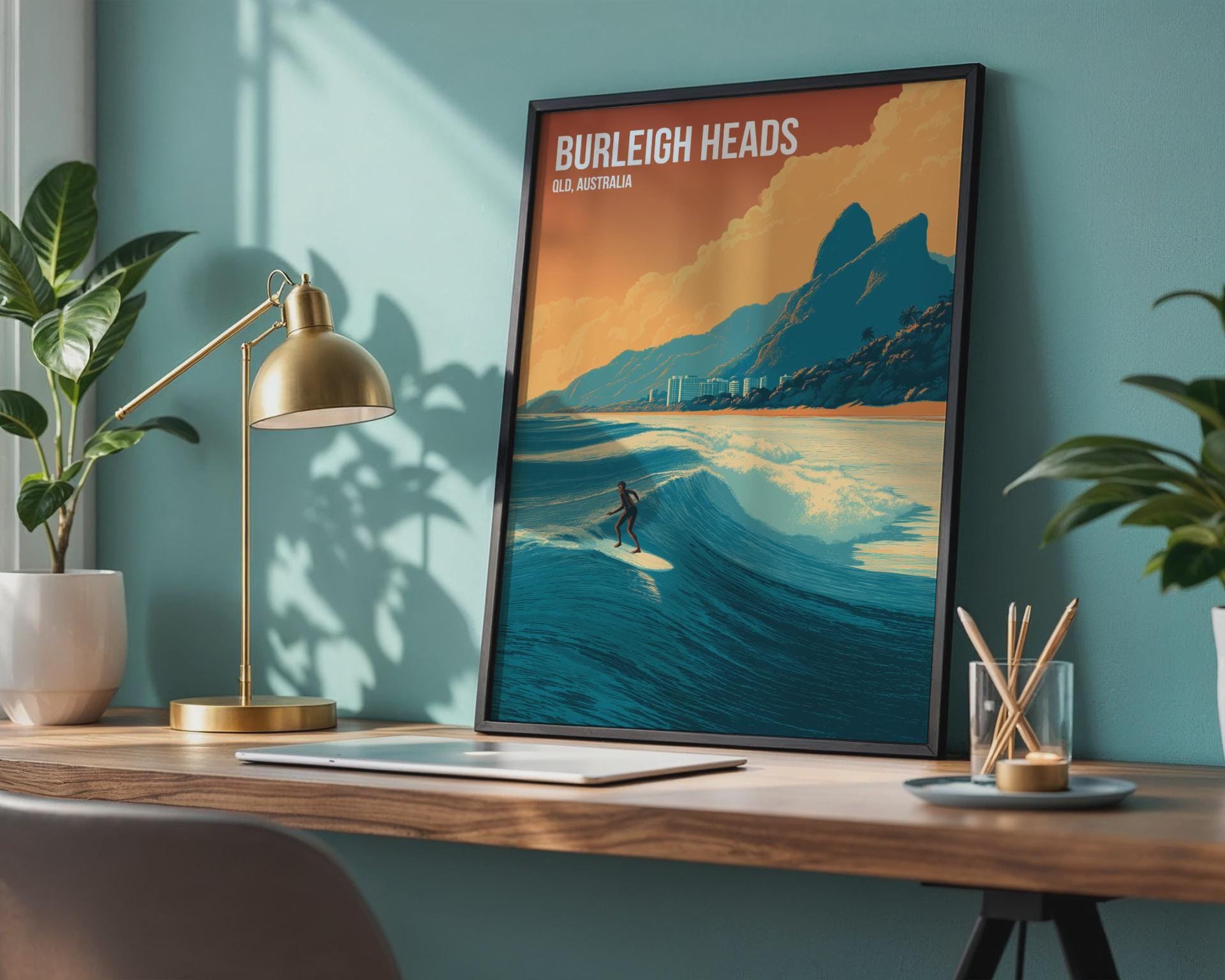 Burleigh Heads Surfing Print Poster Wall Art QLD Australia - Travel Wall Art