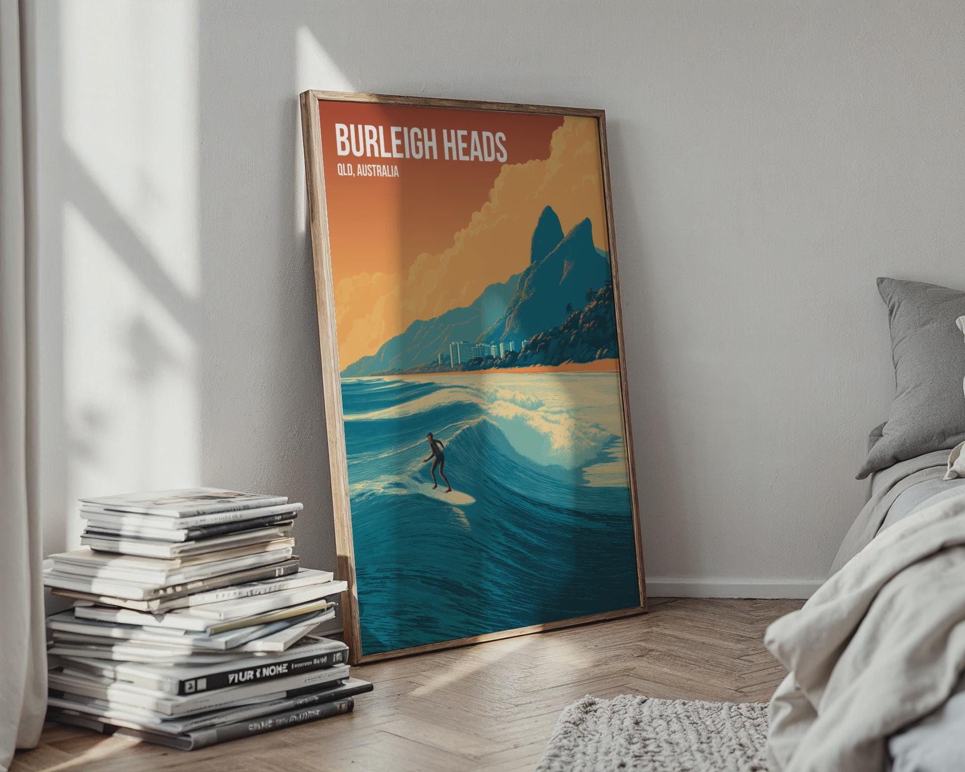 Burleigh Heads Surfing Print Poster Wall Art QLD Australia - Travel Wall Art