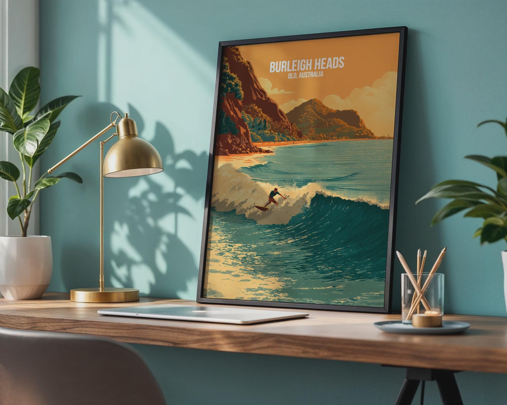 Burleigh Heads Surfing Poster Artwork QLD Australia Wall Art - Travel Wall Art