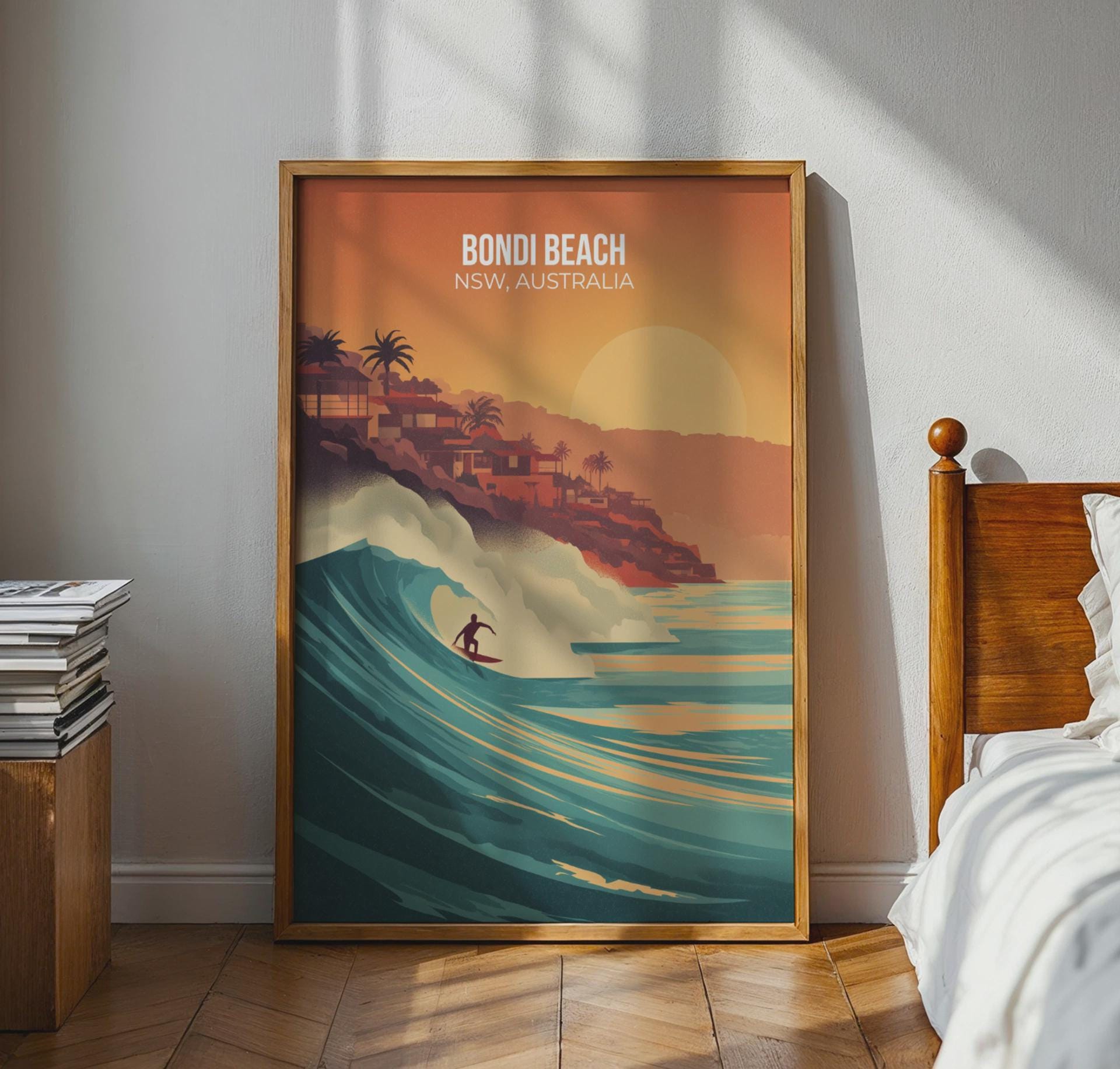 Bondi Beach Surfing Poster Print Ocean Art NSW Australia Wall Art - Travel Wall Art