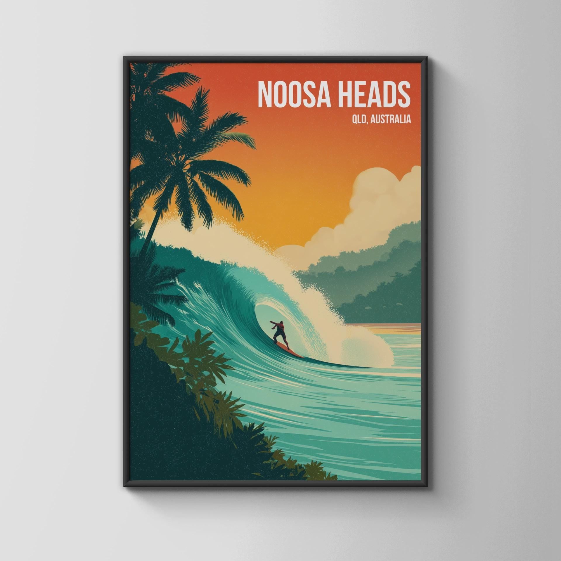 Noosa Heads Surfing Print Art Poster QLD Australia Tropical Waves - Travel Wall Art