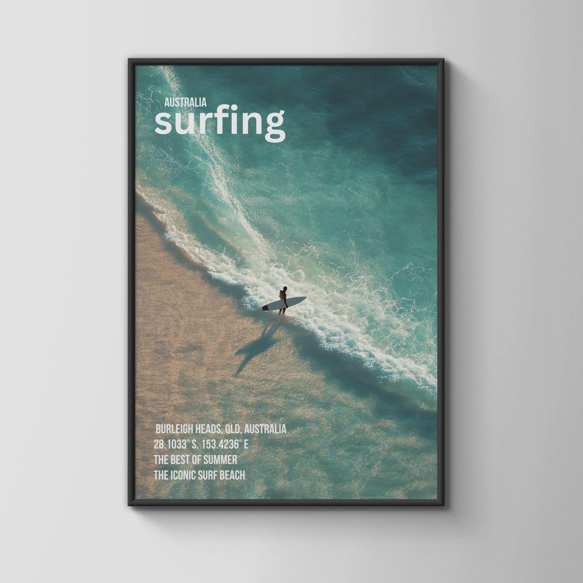 Surfing Poster Burleigh Heads Ocean Wall Art Australian Beach Print - Travel Wall Art