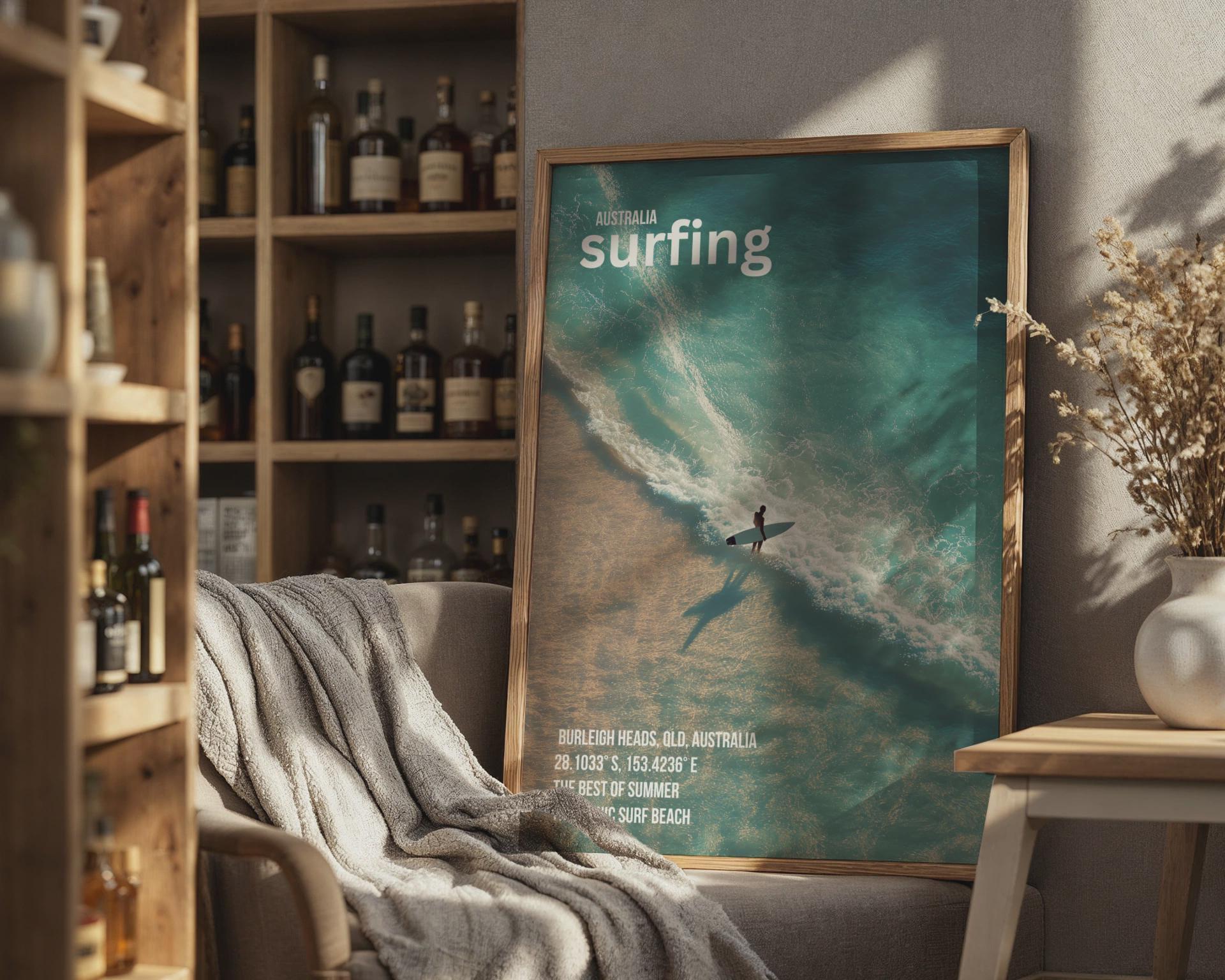 Surfing Poster Burleigh Heads Ocean Wall Art Australian Beach Print - Travel Wall Art