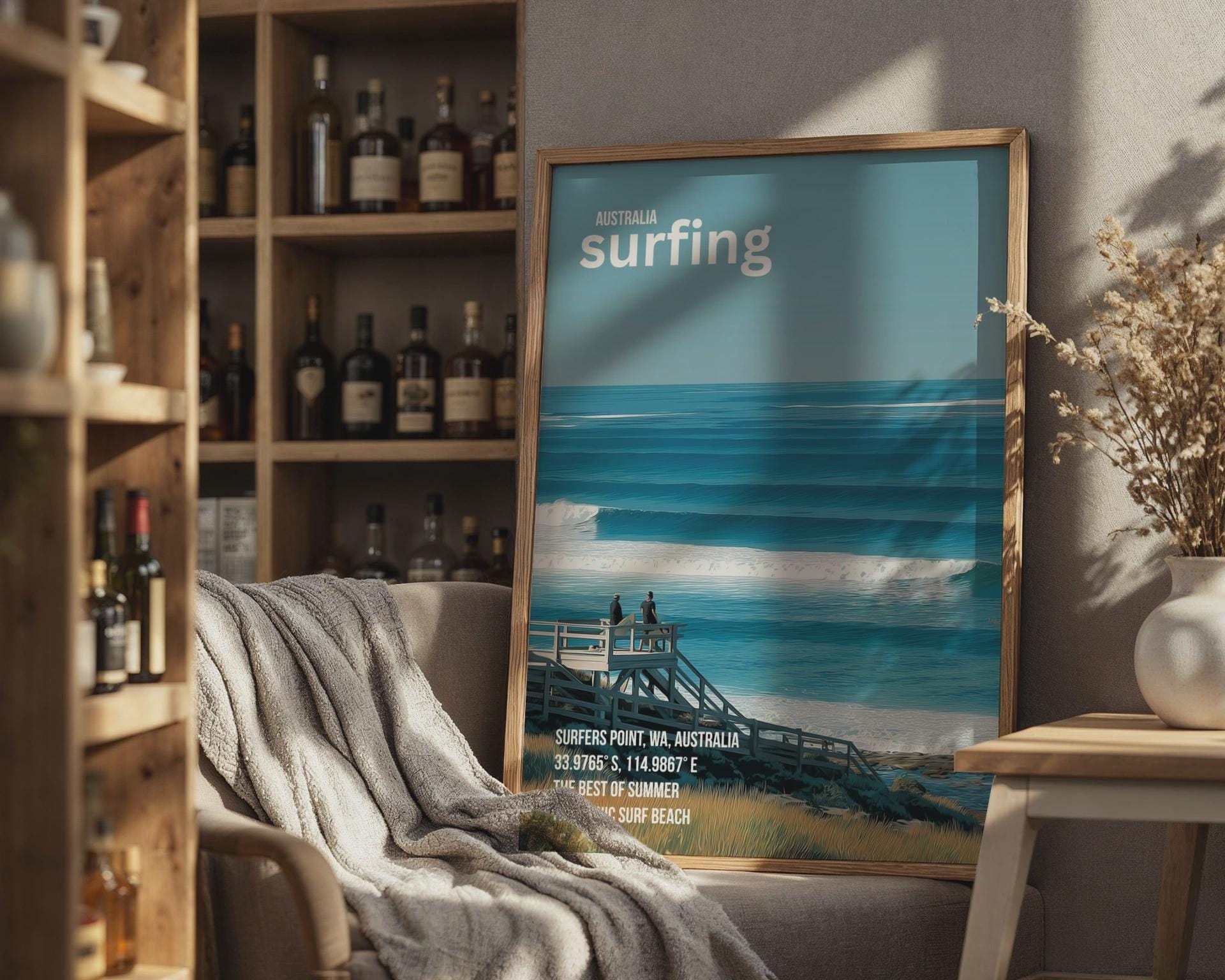Surfers Point WA Surfing Poster Art Print Beach Landscape - Travel Wall Art