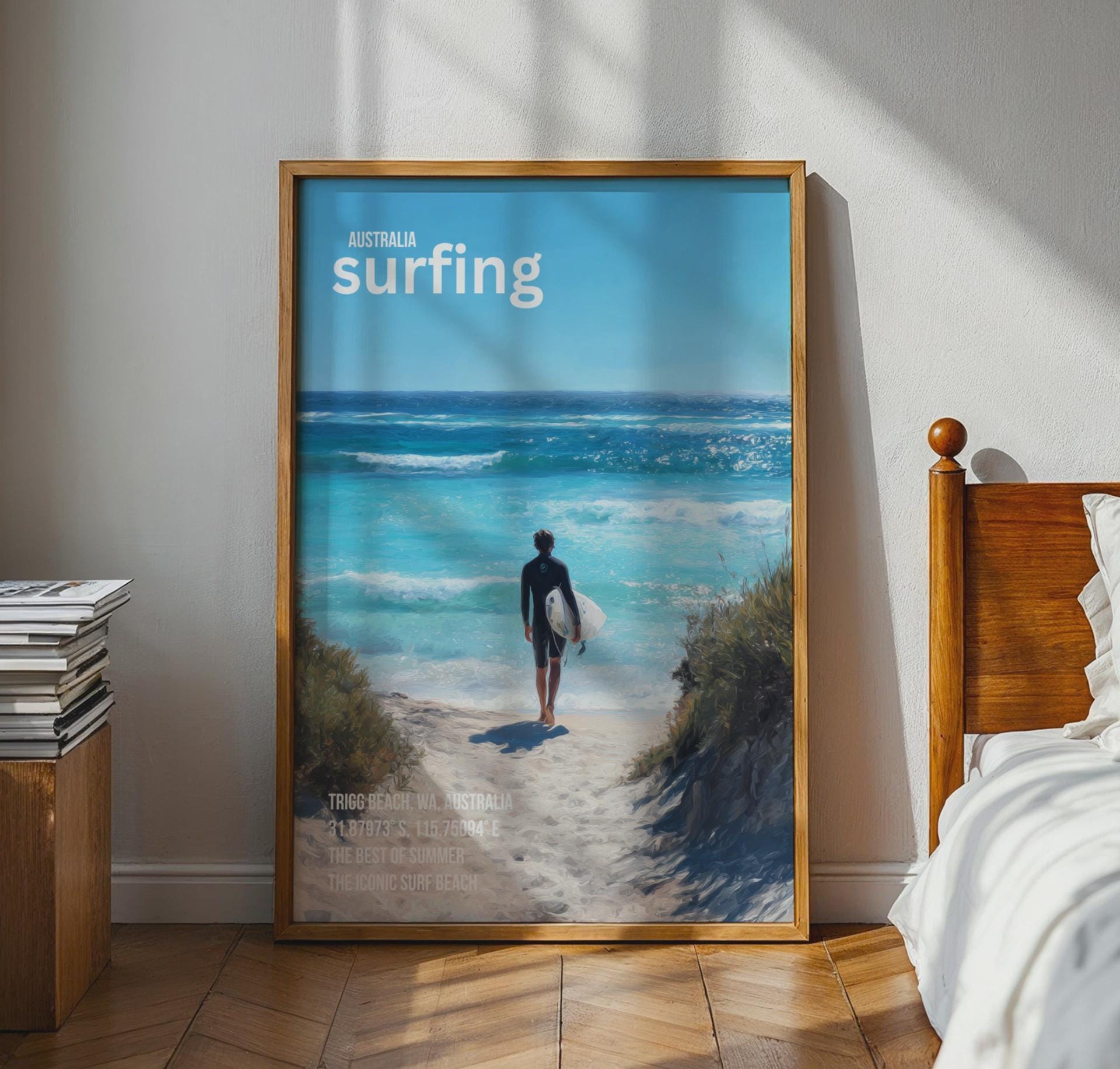 Surfing Poster Trigg Beach Australia Art Print - Travel Wall Art