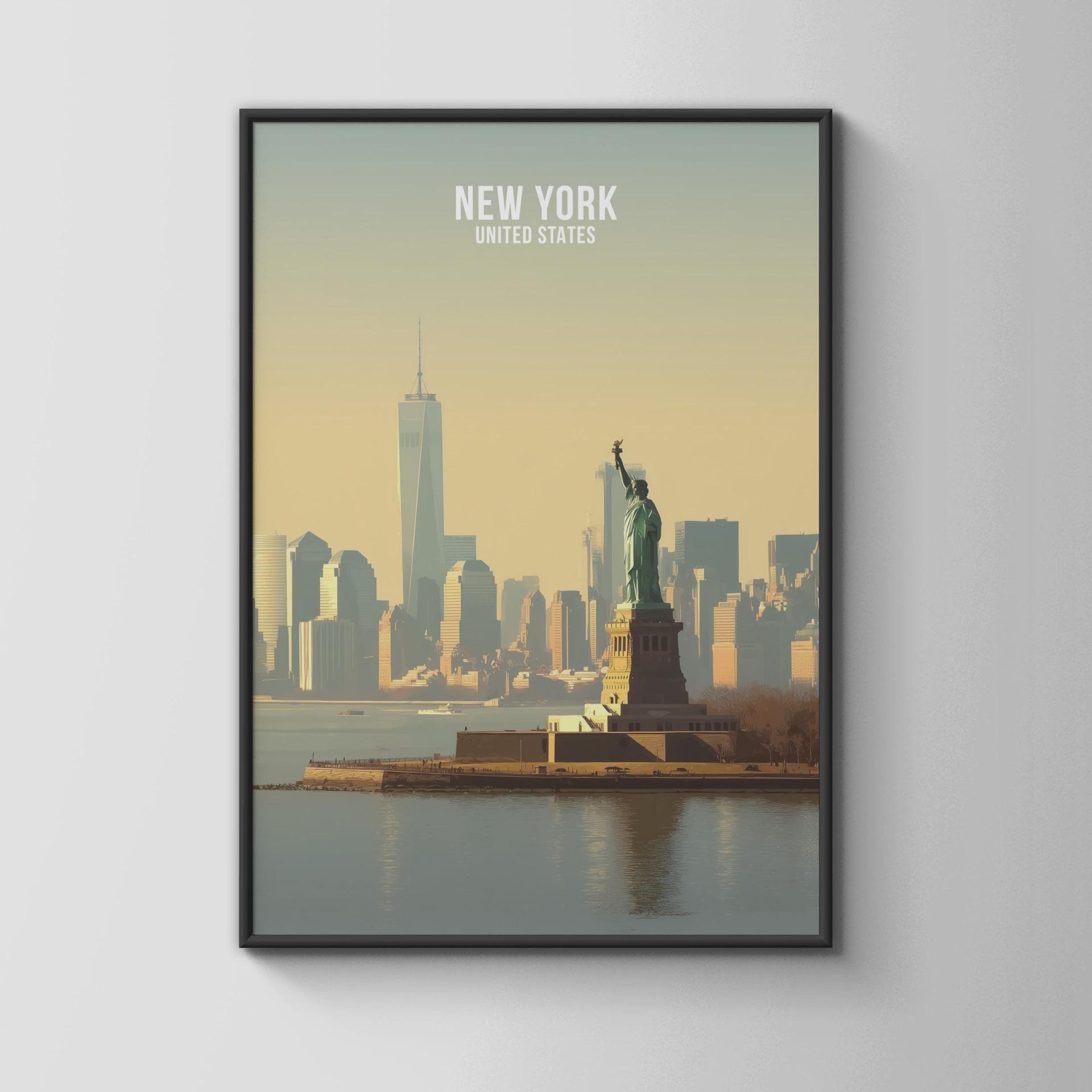 New York City Skyline Poster with Statue of Liberty Wall Art Print - Travel Wall Art