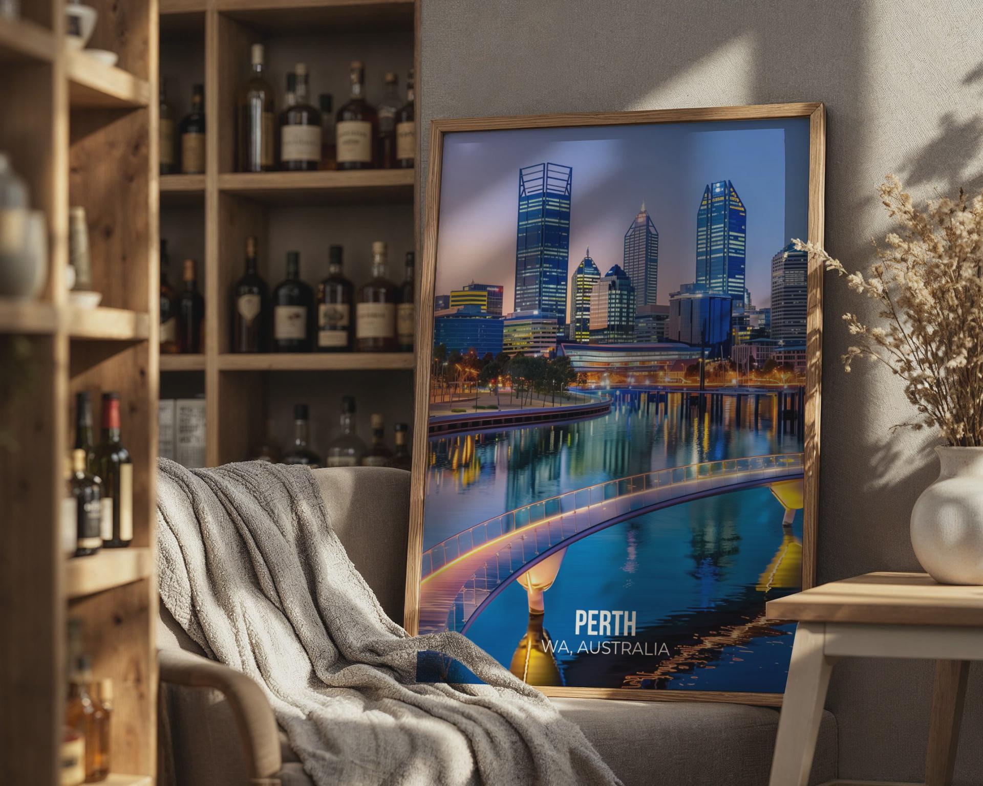 Perth Cityscape Print Water Reflection Night Lights Wall Art - Travel Wall Art