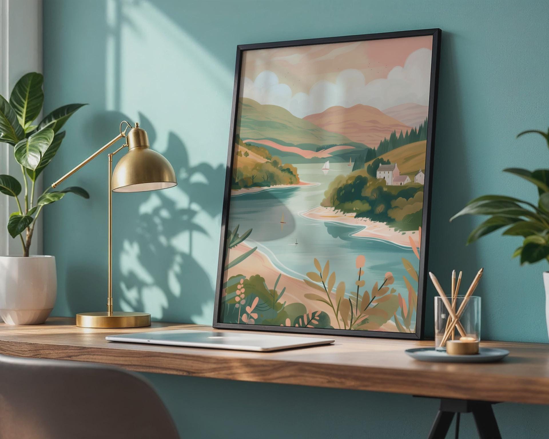 Illustrative Travel Landscape Poster Scottish Highlands Lake Art - Travel Wall Art