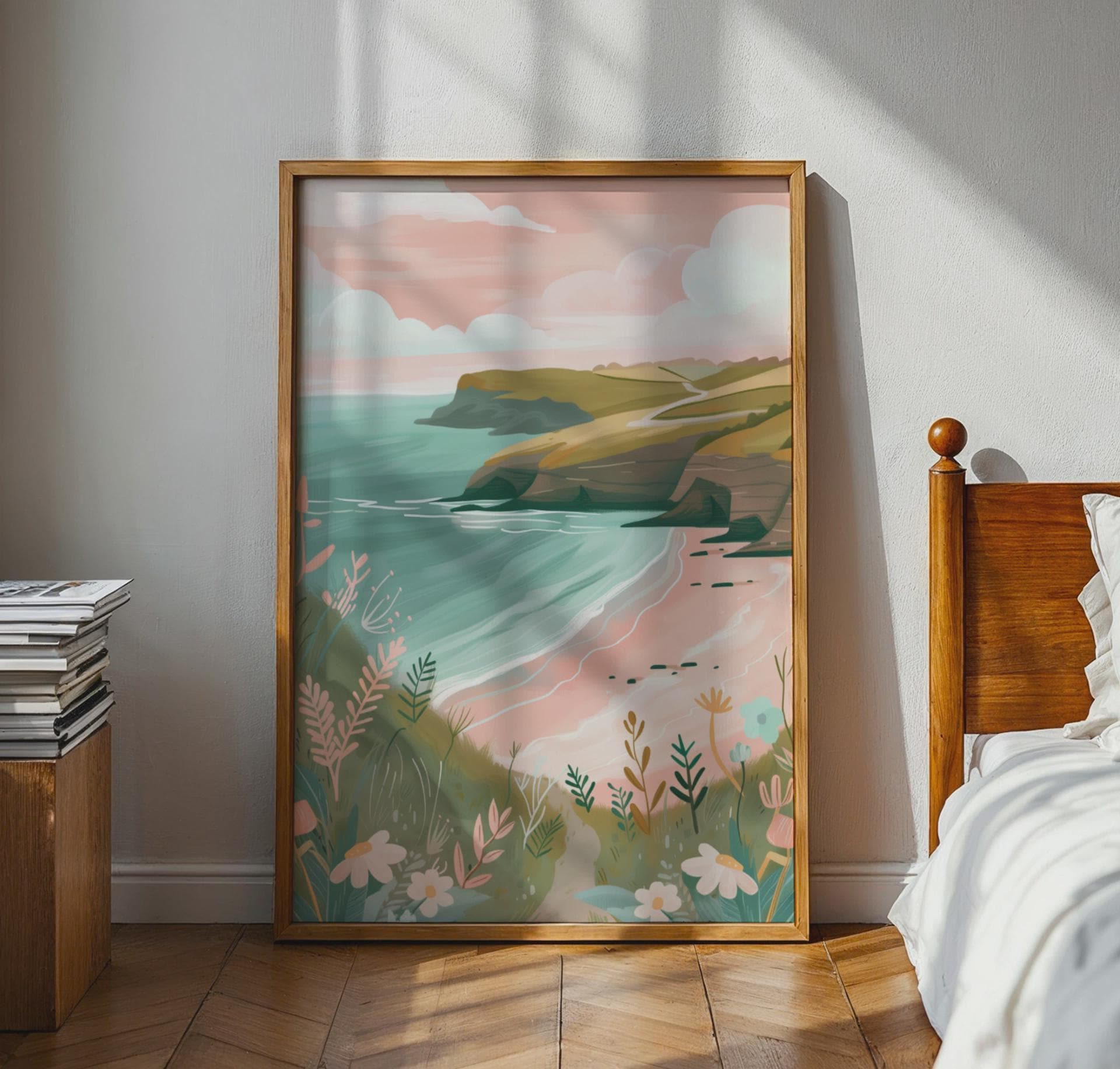 Coastal Landscape Poster with Sea and Floral Elements Art Print - Travel Wall Art