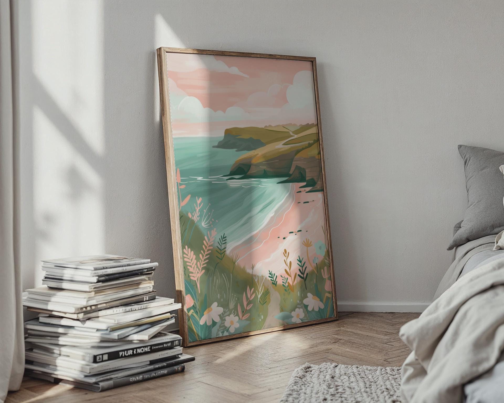 Coastal Landscape Poster with Sea and Floral Elements Art Print - Travel Wall Art