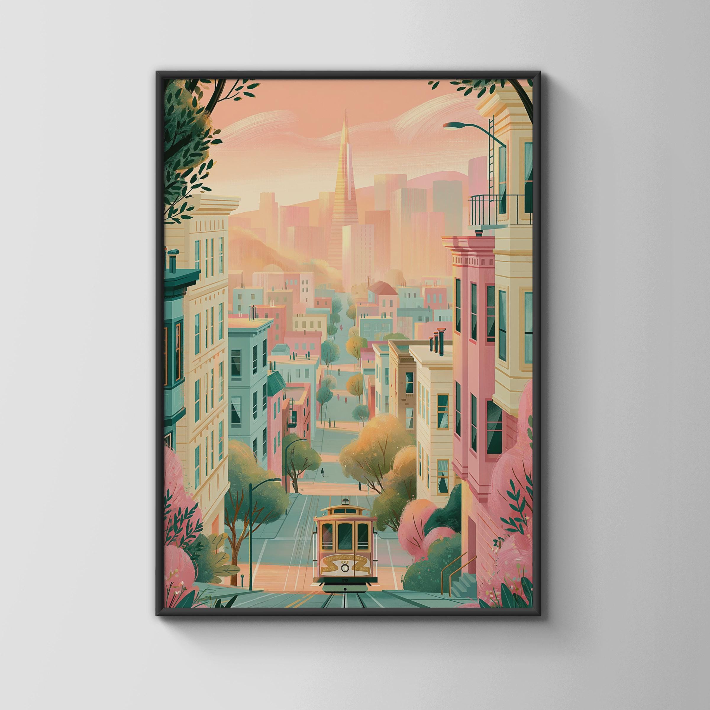 San Francisco Cityscape Cable Car Wall Art Poster - Travel Wall Art