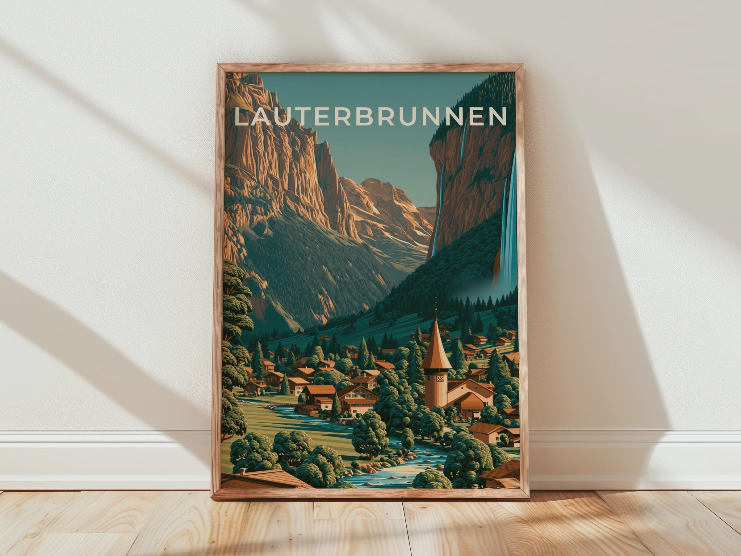 Lauterbrunnen Vintage Swiss Poster Mountain Landscape Art Print - Travel Wall Art