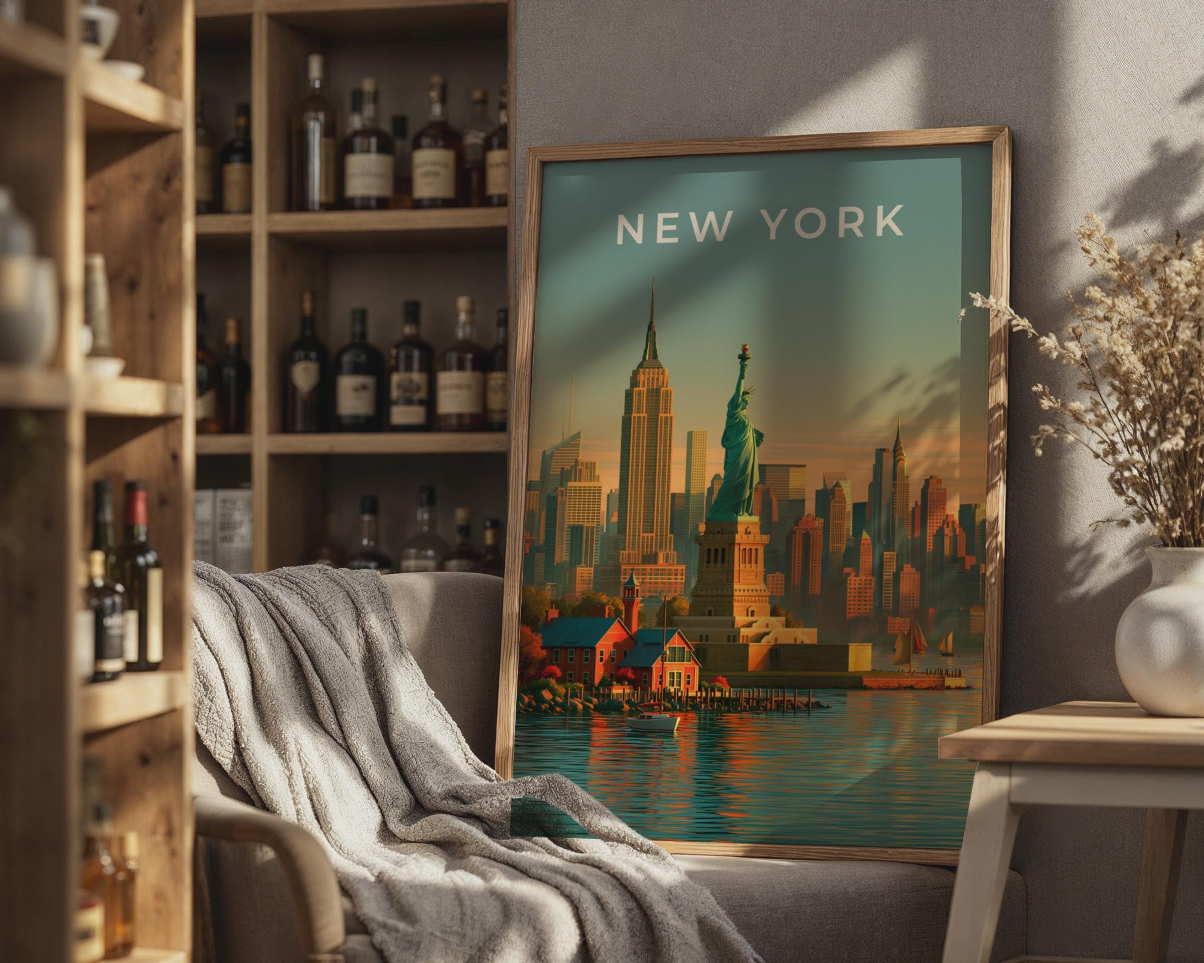 New York Cityscape Poster Statue of Liberty Wall Art Print - Travel Wall Art