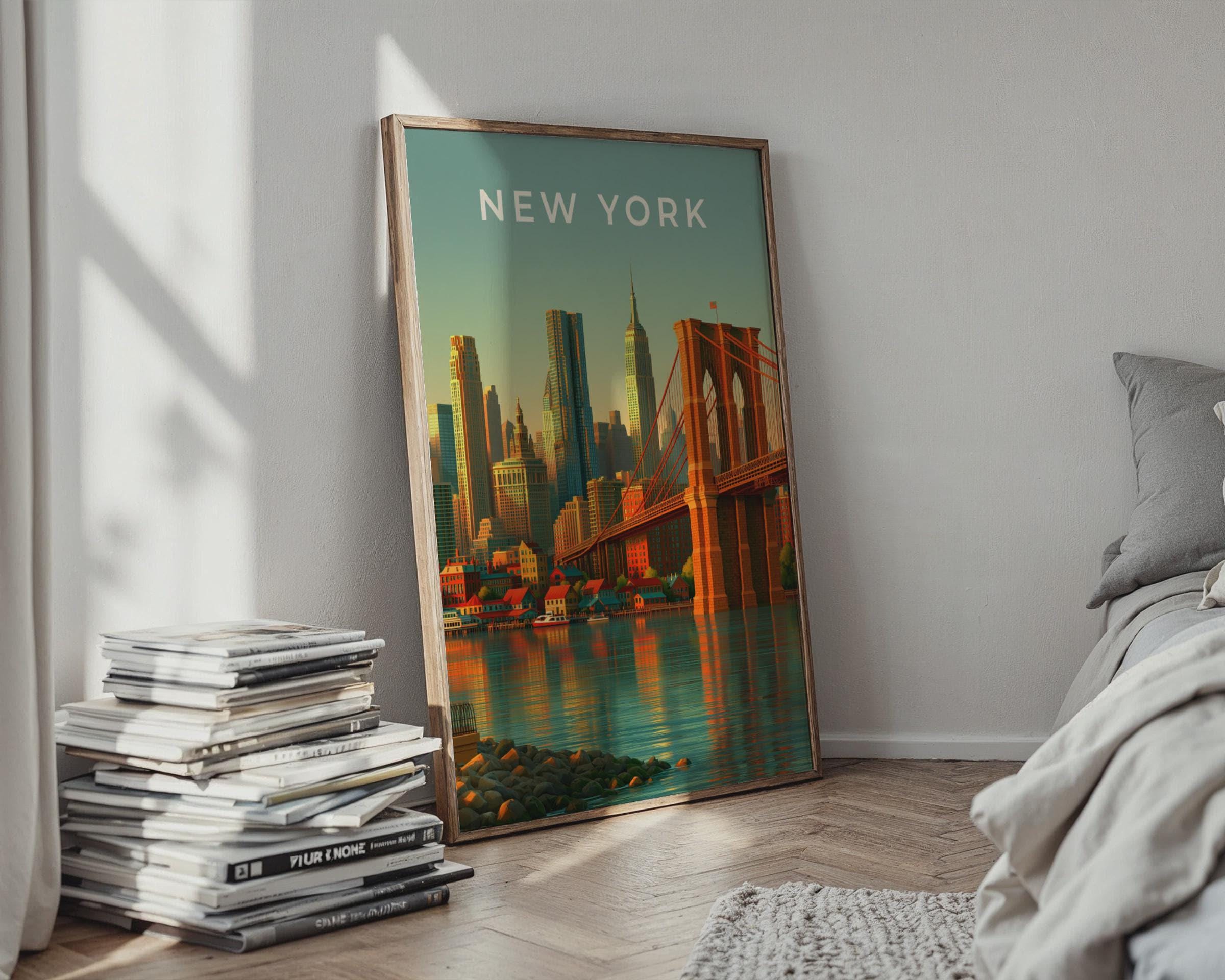 New York Skyline Art Brooklyn Bridge Cityscape Wall Art Print - Travel Wall Art