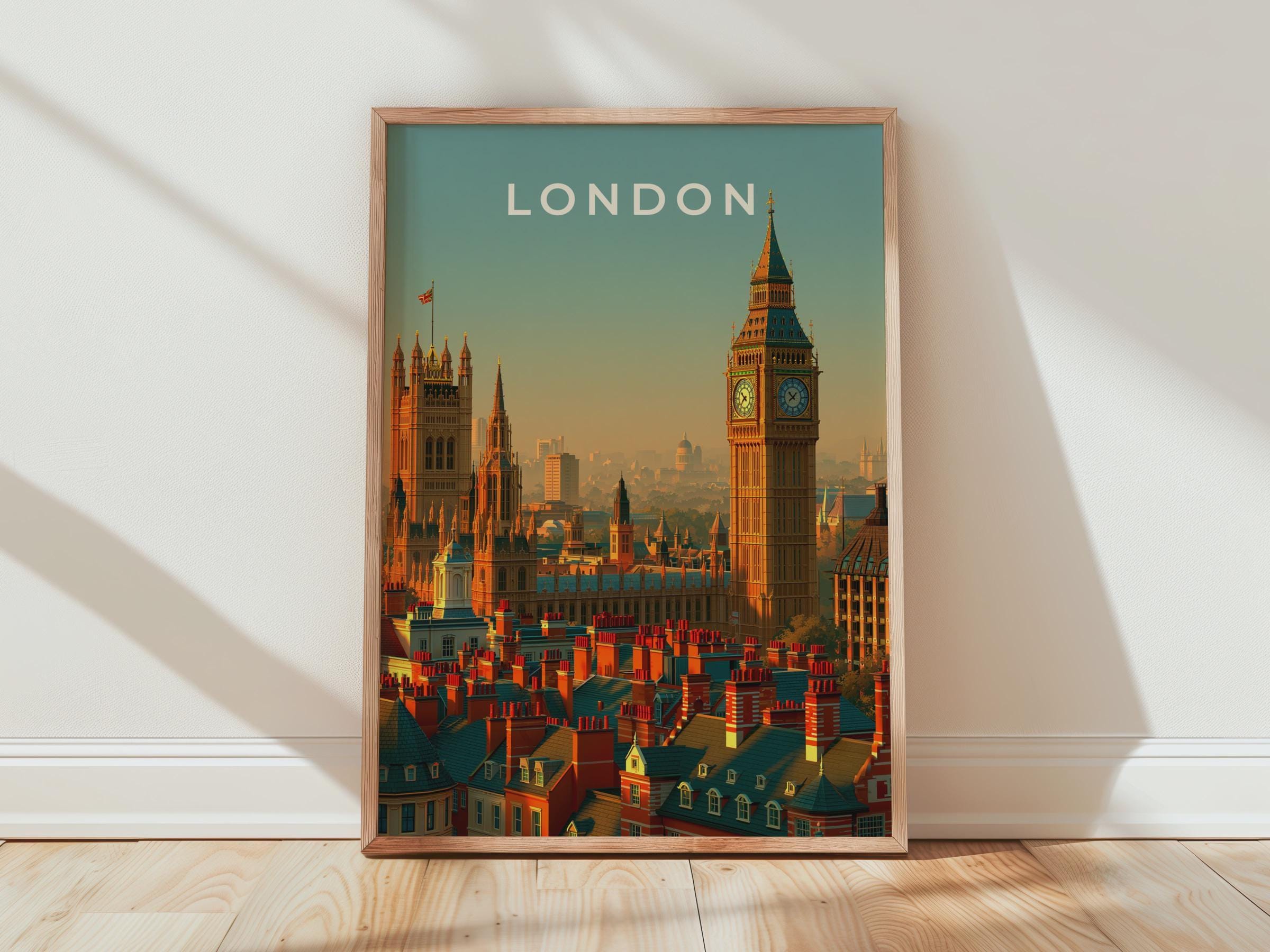 London Skyline Print Big Ben Cityscape Wall Art Vintage Travel Poster - Travel Wall Art