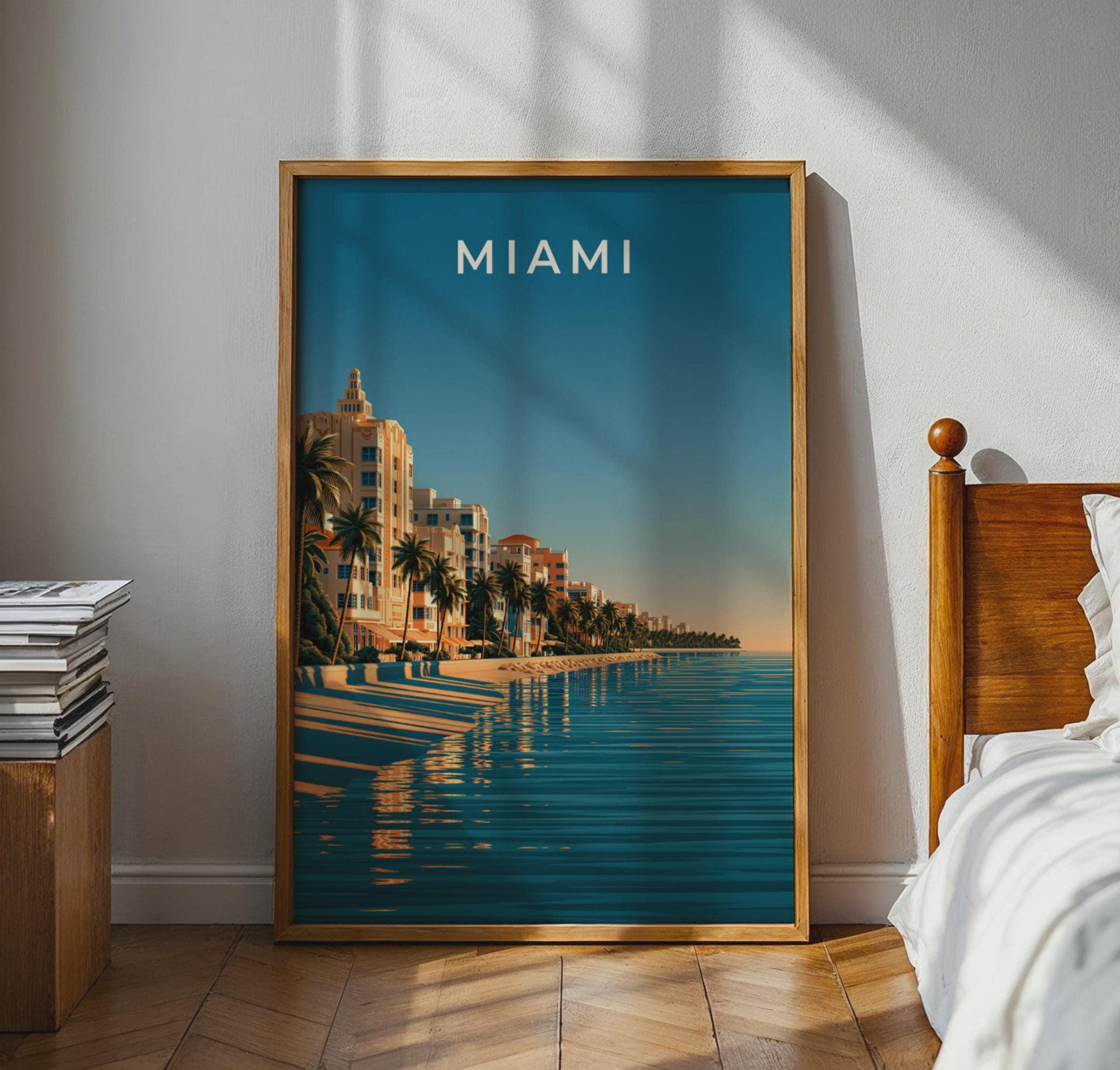 Miami Beach Poster Retro Art Print Coastal Tropical Wall Art - Travel Wall Art