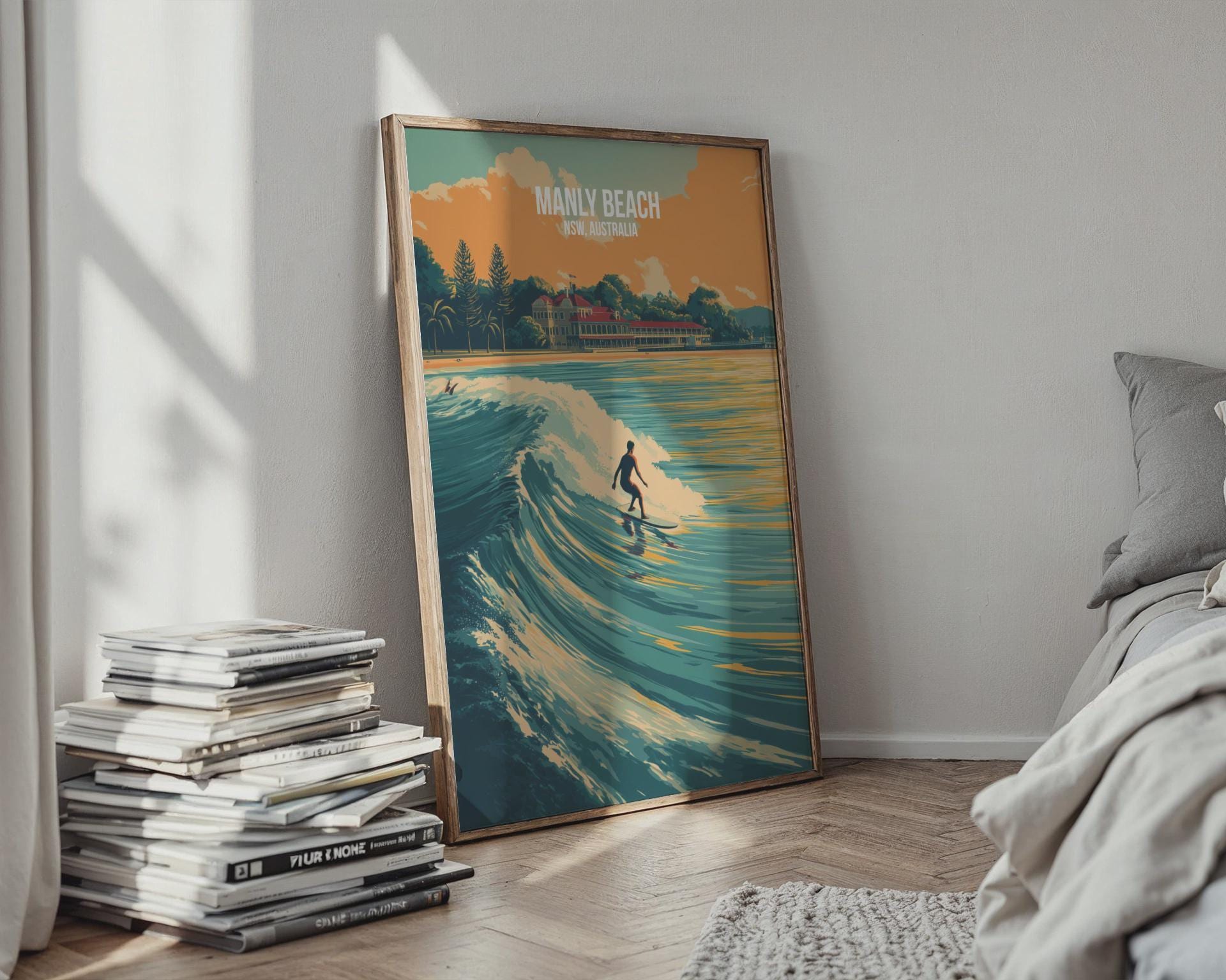 Surfing at Manly Beach Poster Wall Art NSW Australia - Travel Wall Art