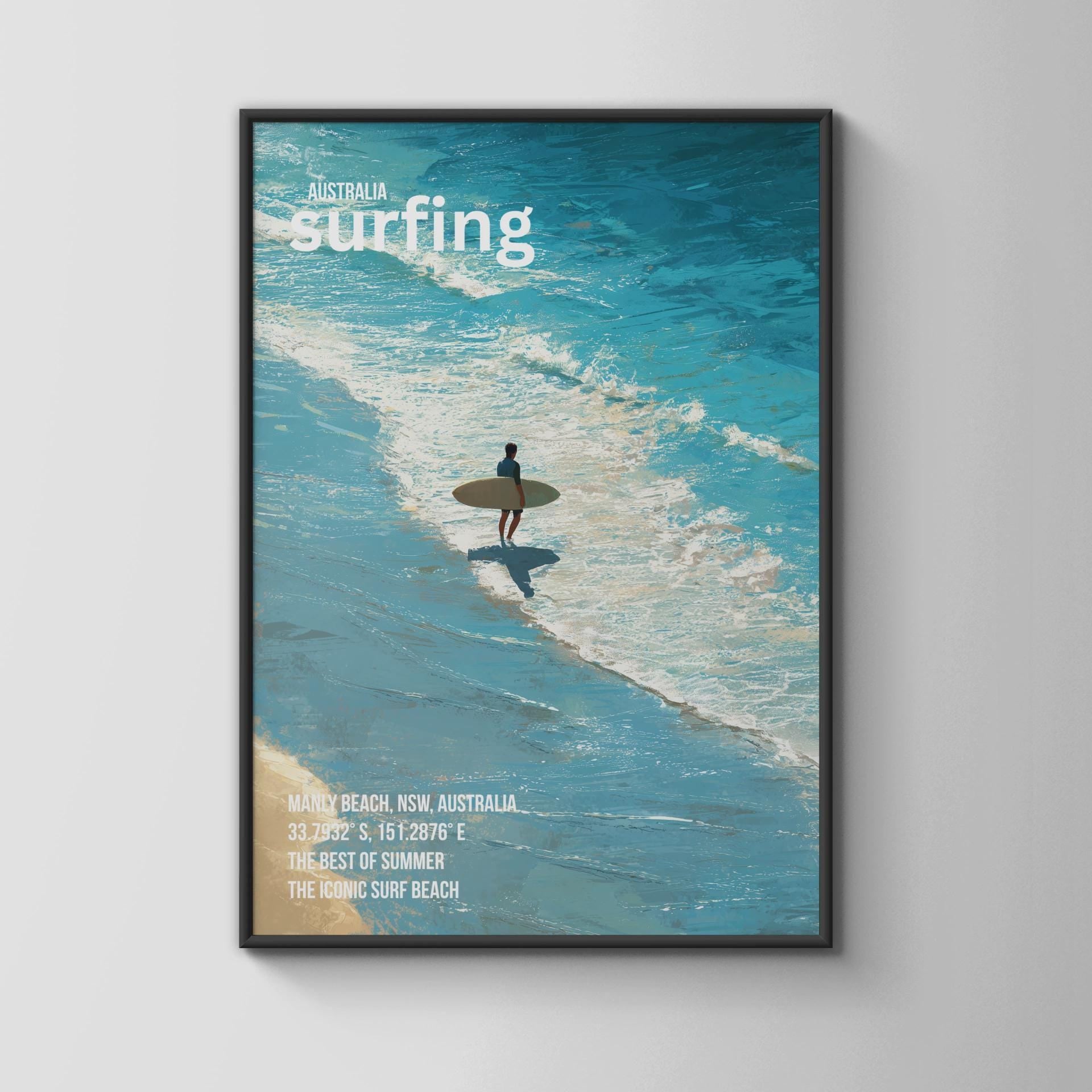 Surfing Poster Manly Beach Australia Art Print Wall Art - Travel Wall Art